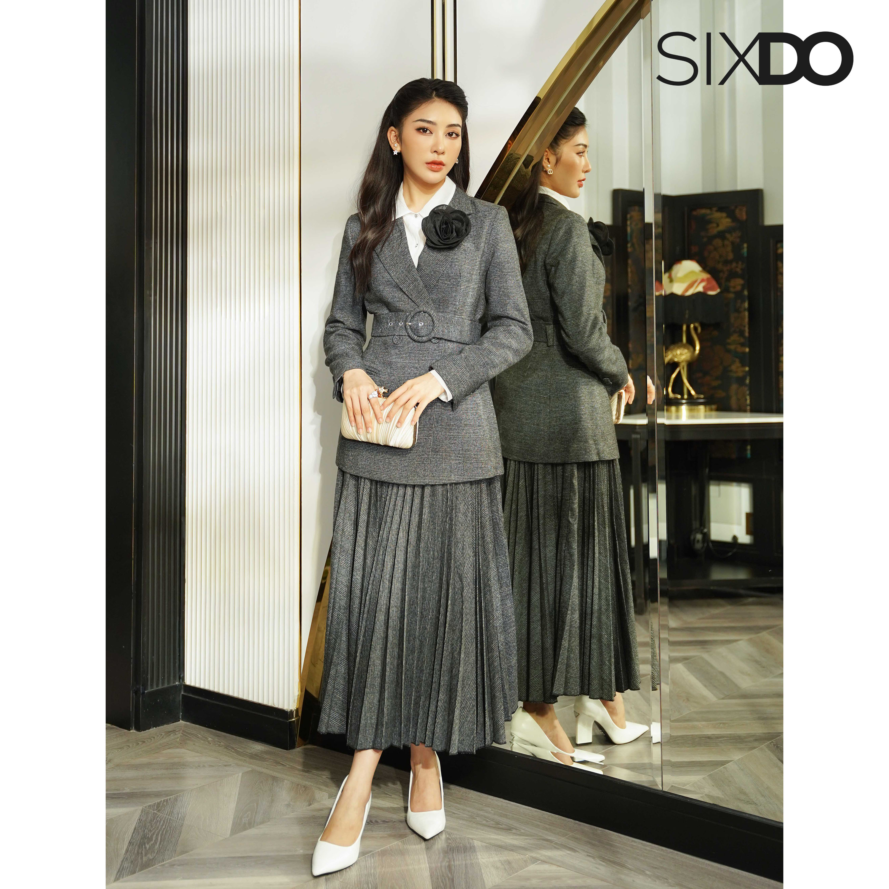 Chân váy xám đậm kẻ xếp ly thời trang SIXDO