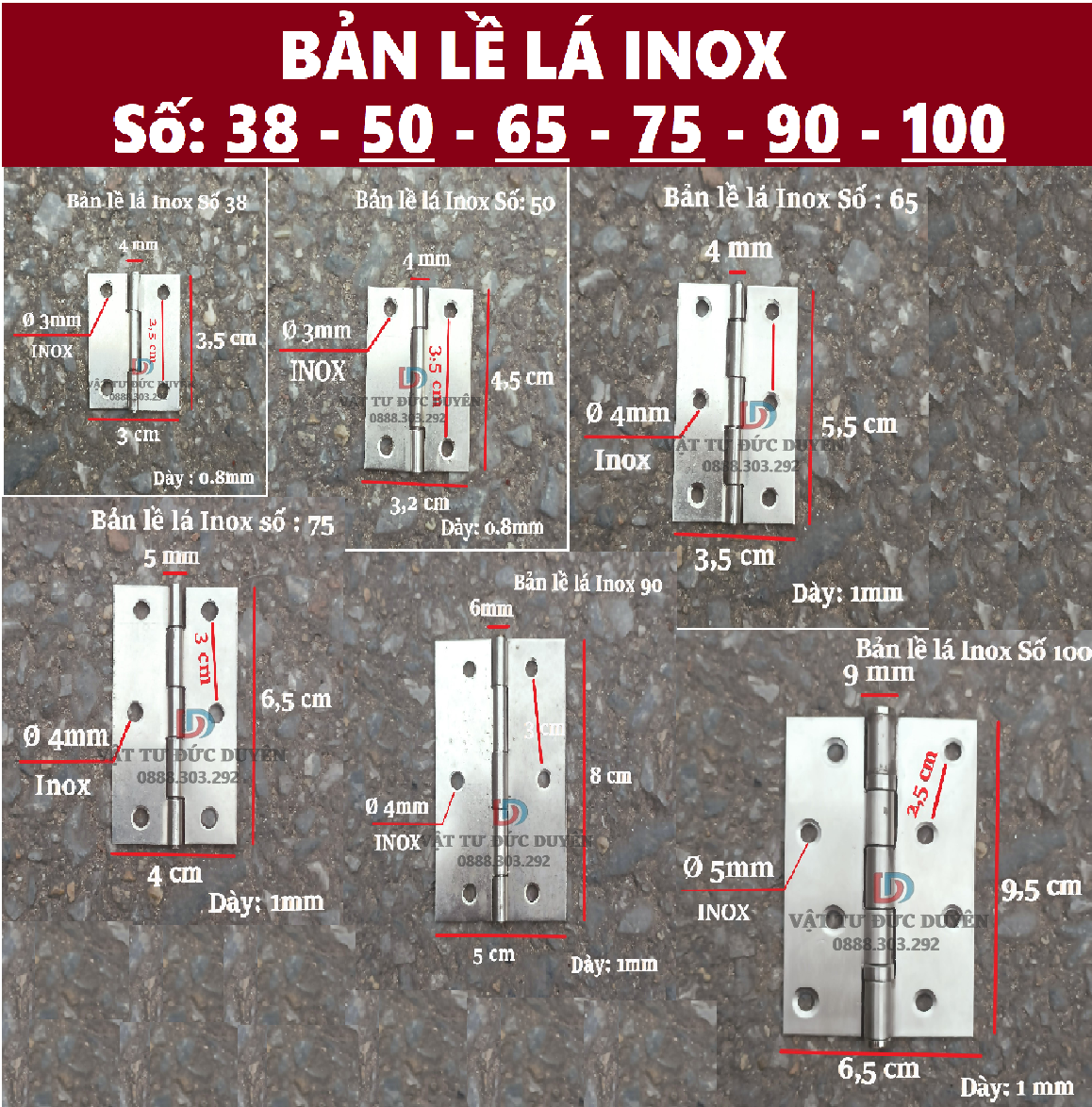 Bản lề lá inox số 38 50 65 75 90 100