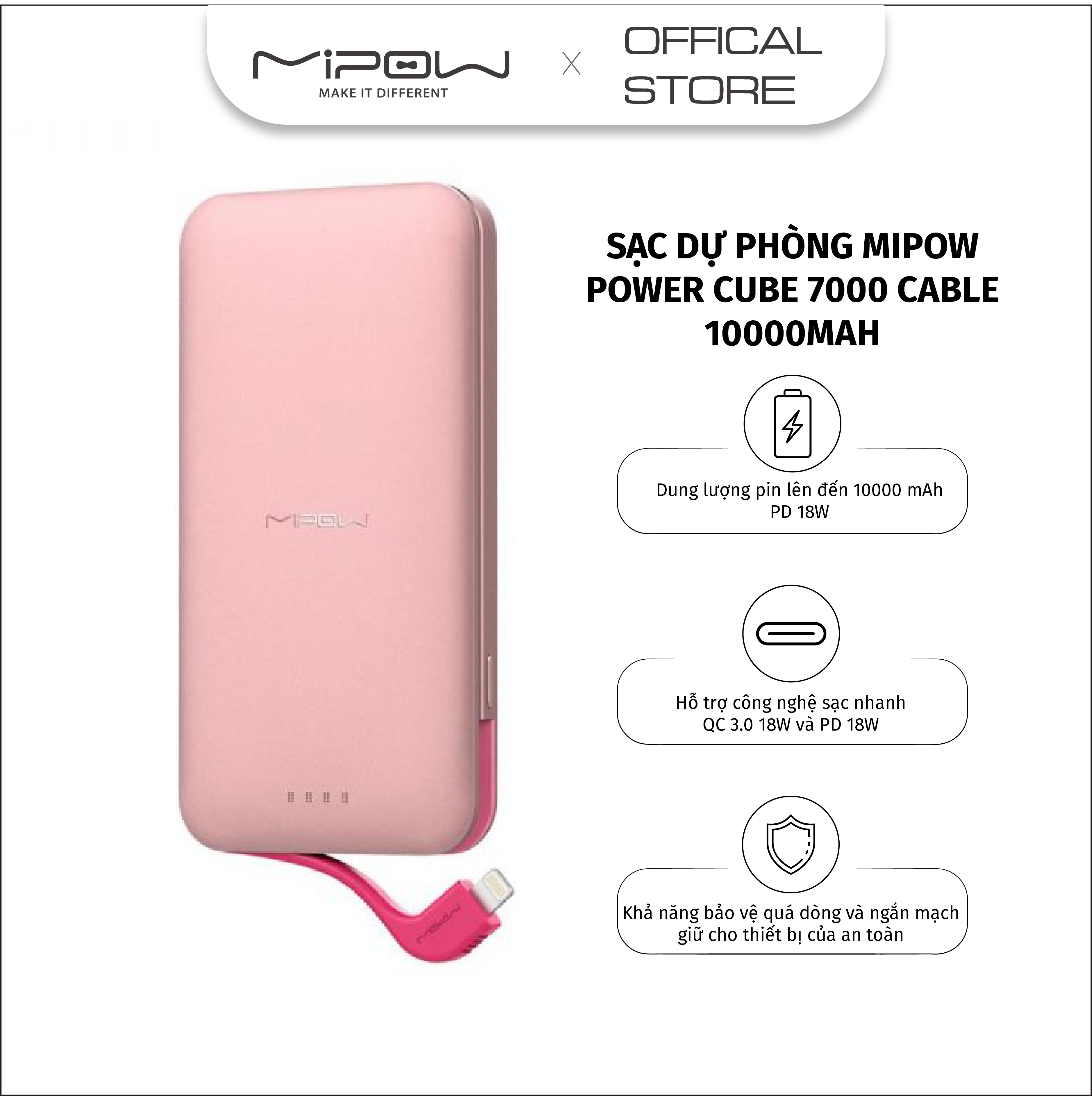 Đế kiêm pin dự phòng mipow power cube 7000 lightning cable - spl08w
