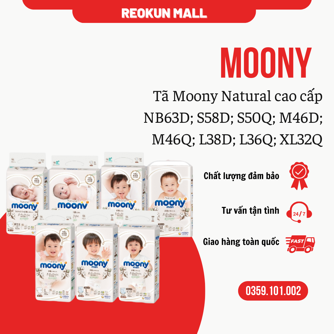 Bỉm quần/dán Moony Natural nội địa Nhật Nb63 S50 S58 M46 L38 L36 XL32