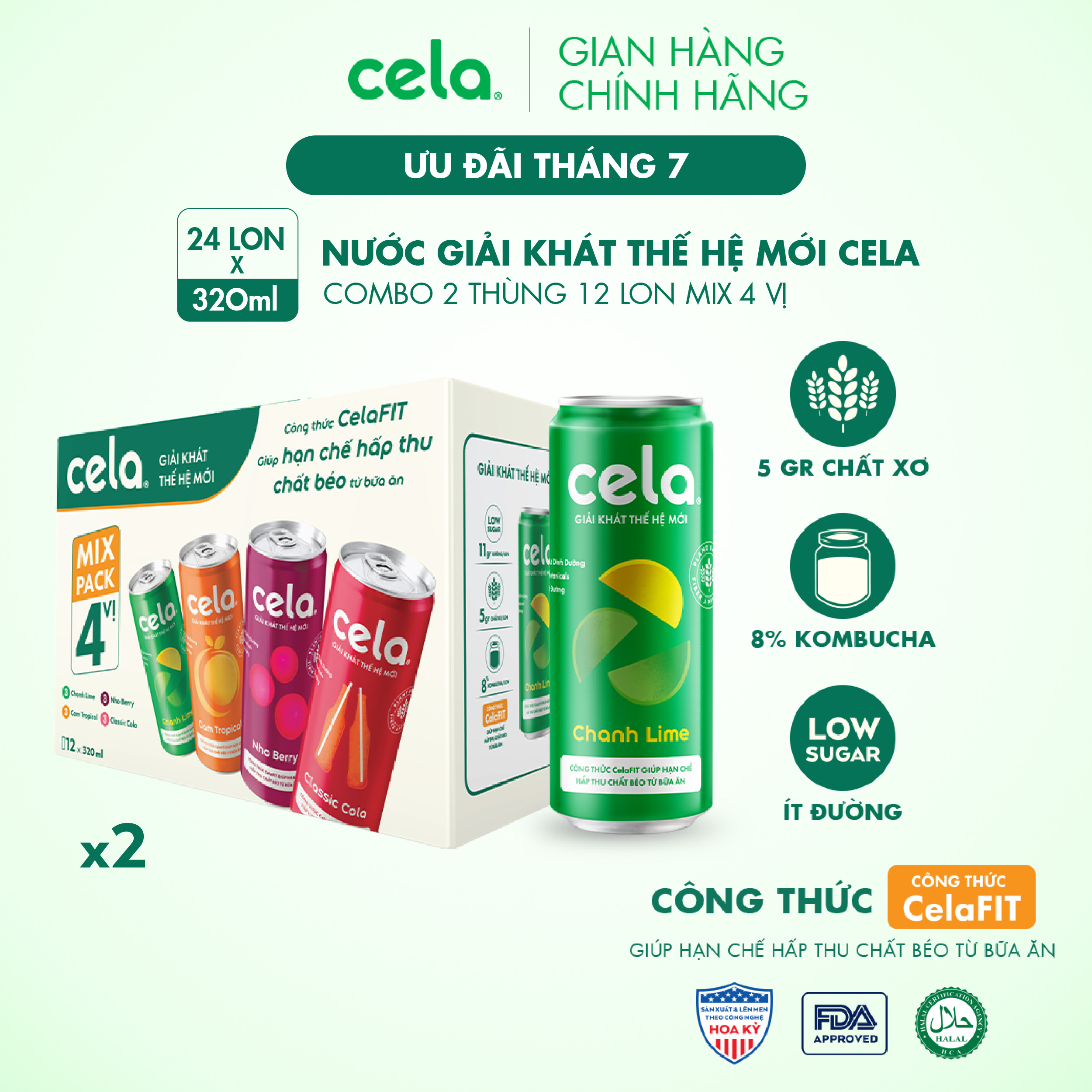 Combo 2 thùng 12 lon nước giải khát thế hệ mới cela mix 4 vị 320ml lon