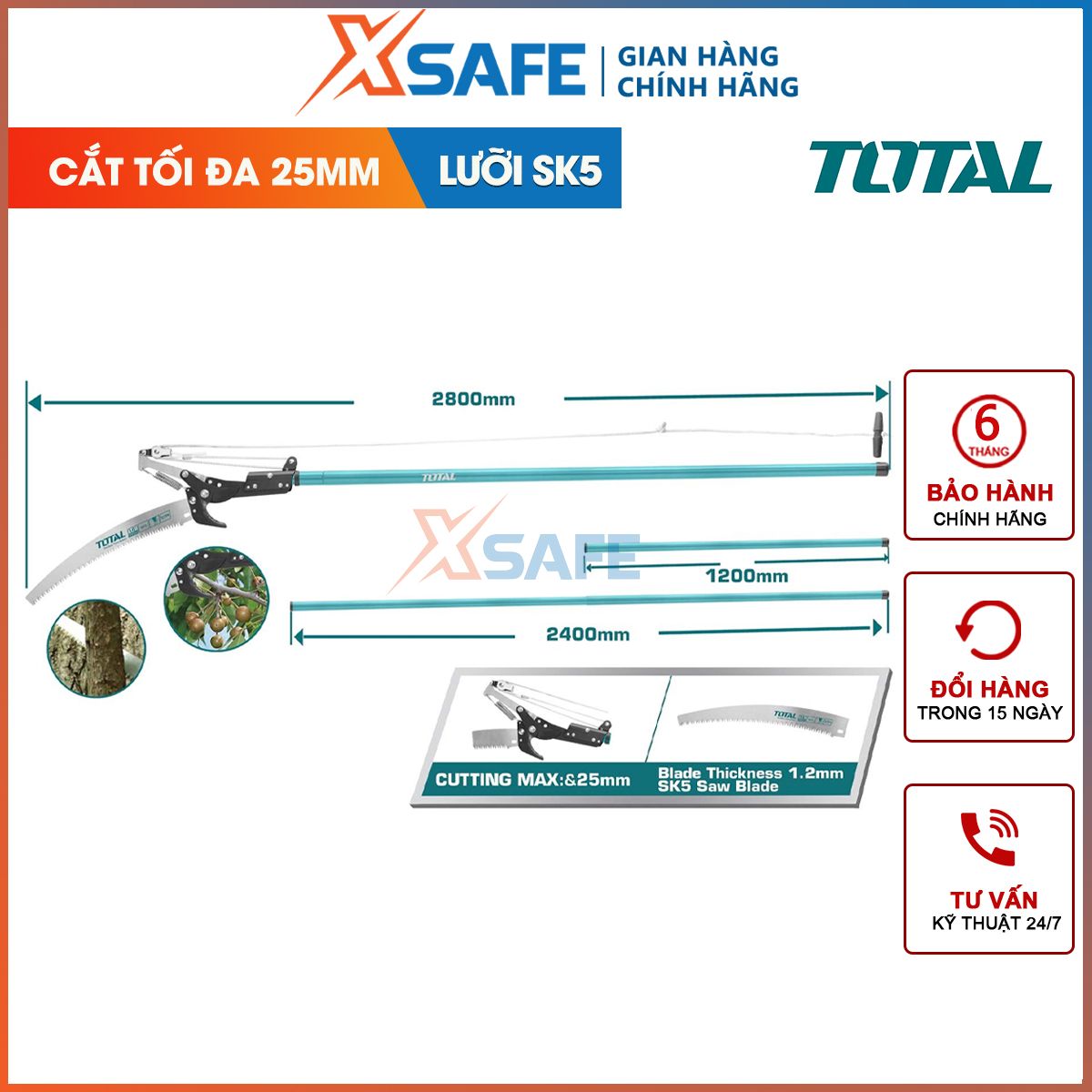  Cưa kéo cắt tỉa cây cảnh trên cao TOTAL THEPS25281 2.8m sơn phủ Teflon chống rỉ sét siêu bén kéo cắt cây kiểng làm vườn 