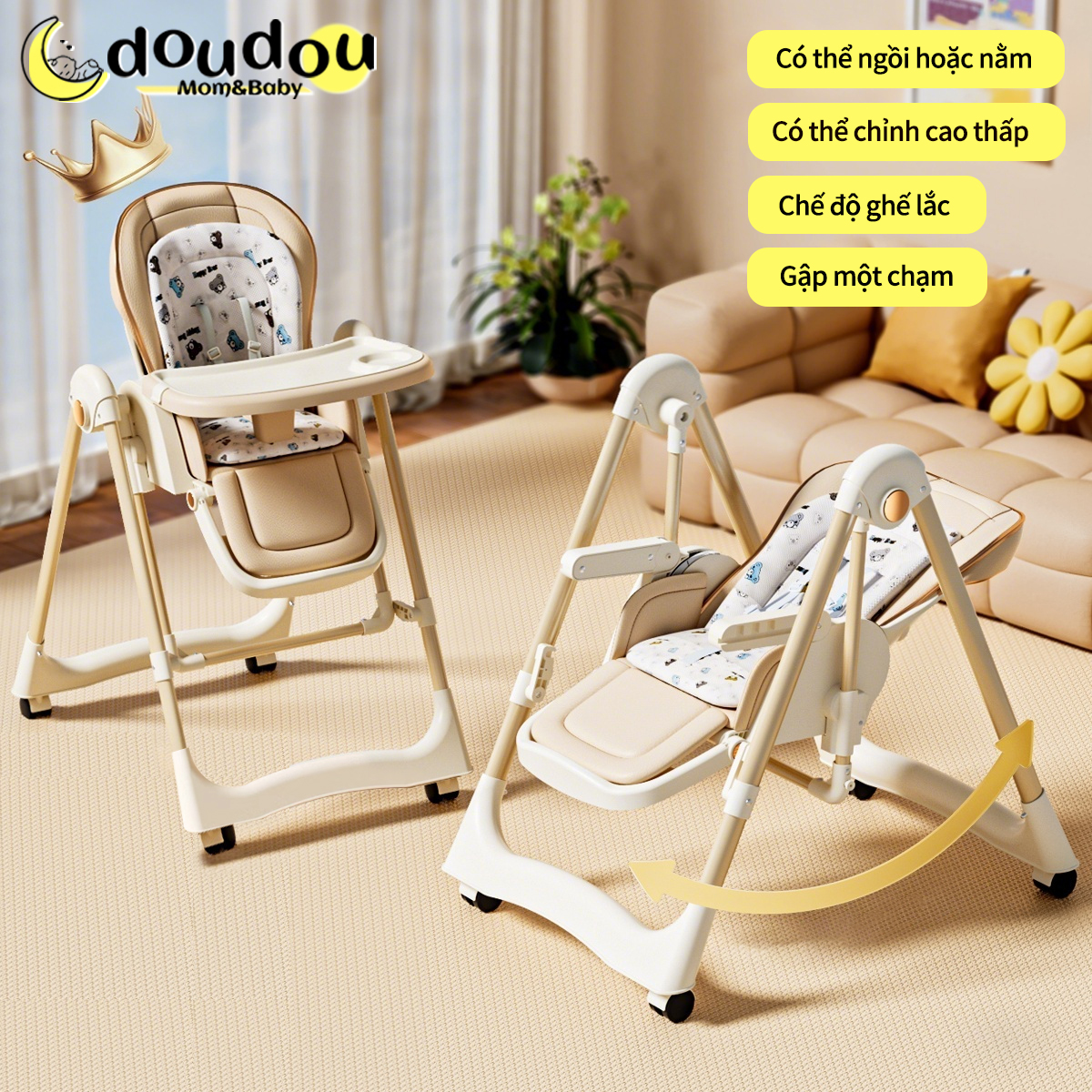 Ghế ăn dặm đa năng cao cấp Ghế ăn đa năngr thiết kế 2 trong 1 xích đu và ghế ăn gấp gọn,ngả nấc cho bé Nâng hạ độ cao dễ dàng