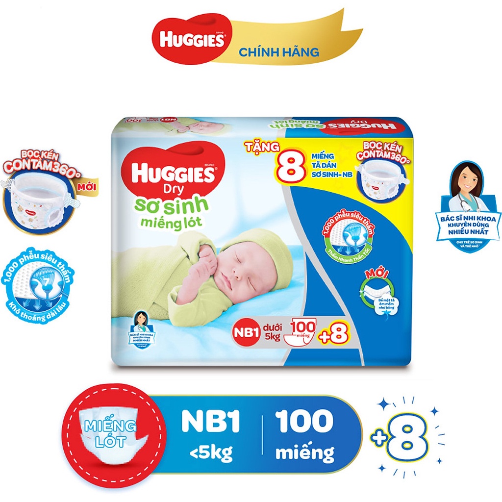 Miếng lót sơ sinh huggies dry newborn 1-100 tặng 8 miếng