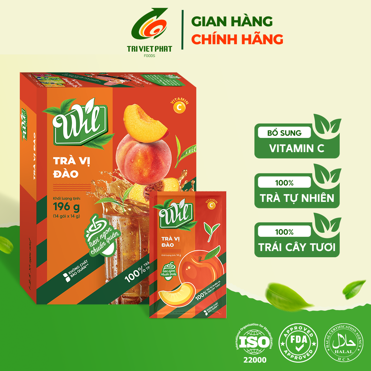 Trà đào Wil trà hòa tan giải khát hộp 196g (14 gói x 14g/gói)