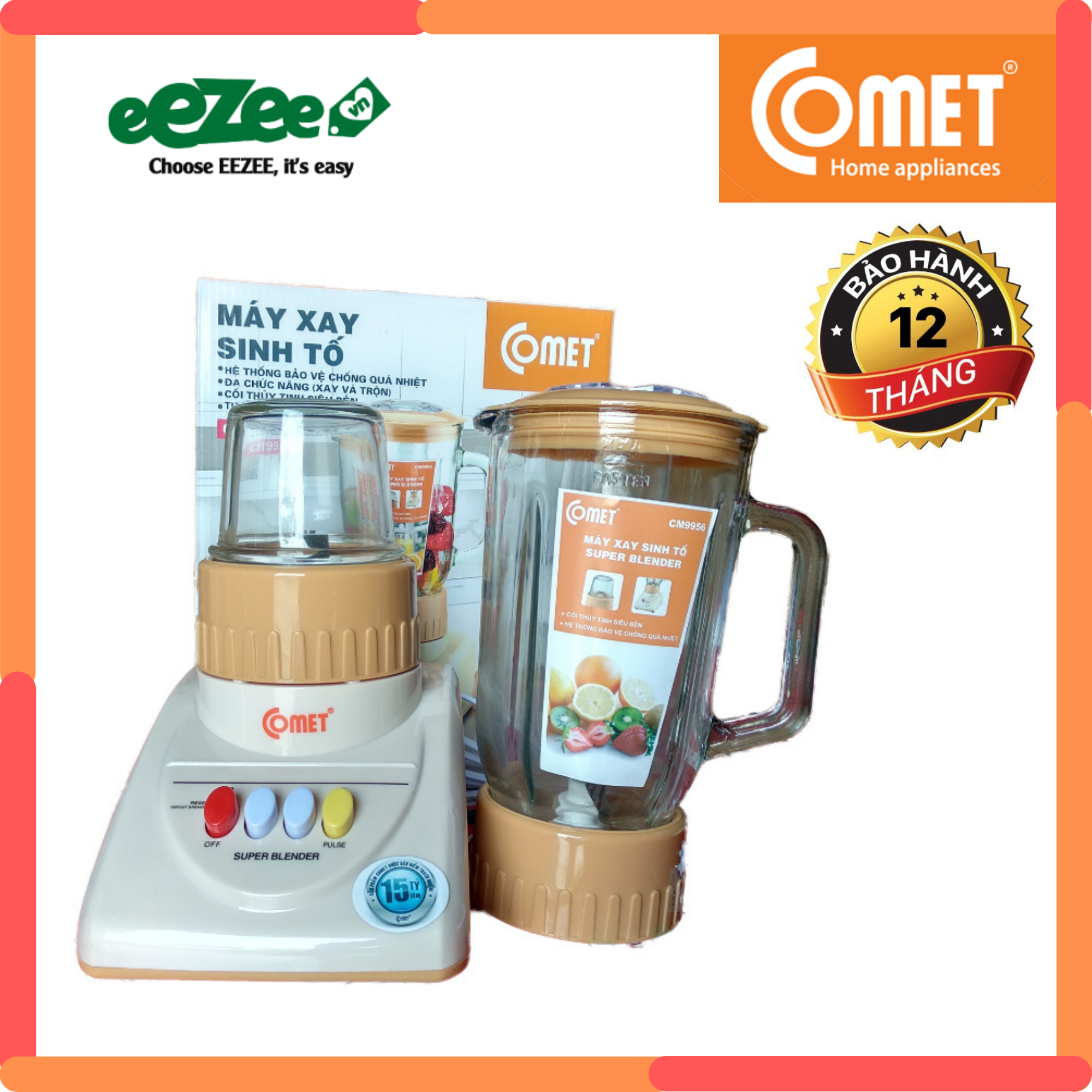 Máy xay sinh tố chính hãng comet cm9986 1.25lít - 2 cối thủy tinh - bảo hành 12 tháng