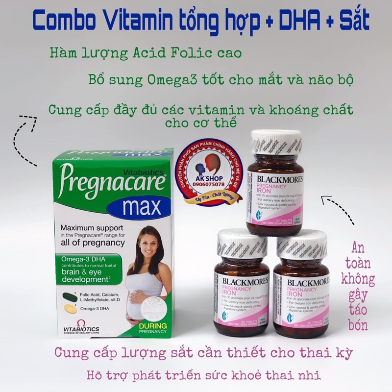Combo Bầu Max Pregnacare Và Sắt Blackmores Hàng