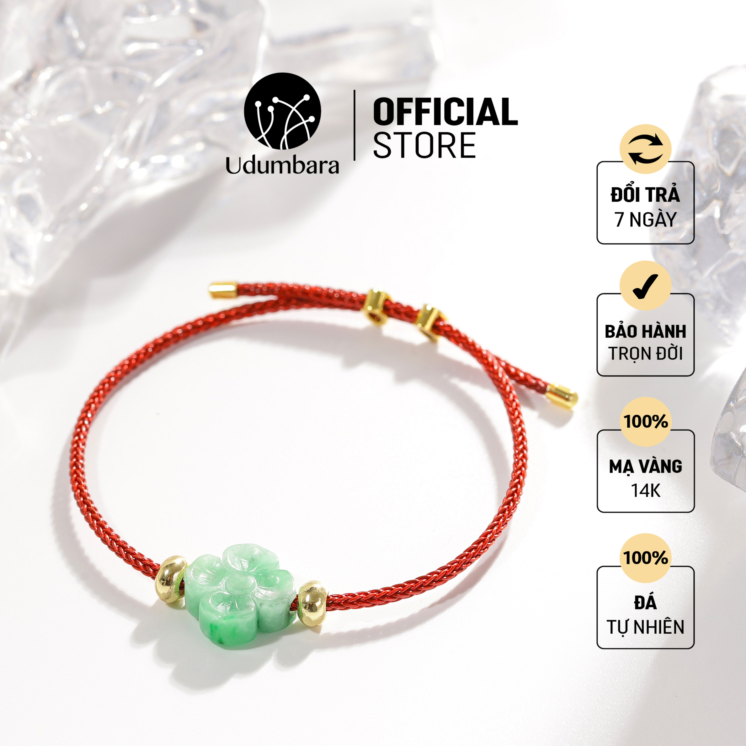 Vòng tay cuff đỏ cẩm thạch xanh 4 lá may mắn phong thủy Udum