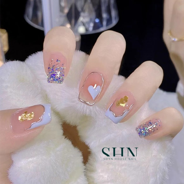 Set 24 móng tay giả ngắn vuông R593, bộ móng tay giả đẹp đơn giản đi học đi làm, nail xinh, nail box