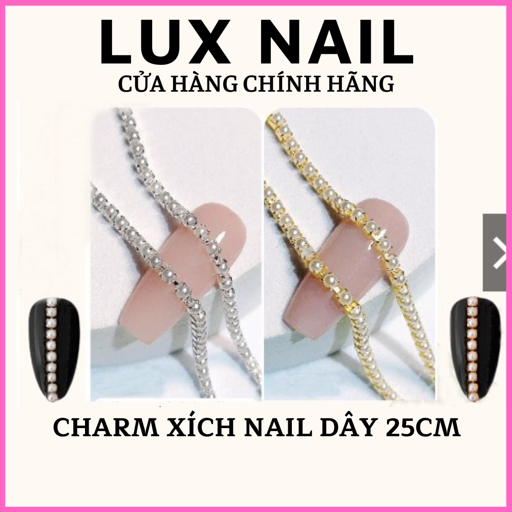 Charm xích nail hạt trai Luxnail dây dài 25cm , Charm đính móng tay xích sắt hạt phụ kiện trang trí móng cao cấp