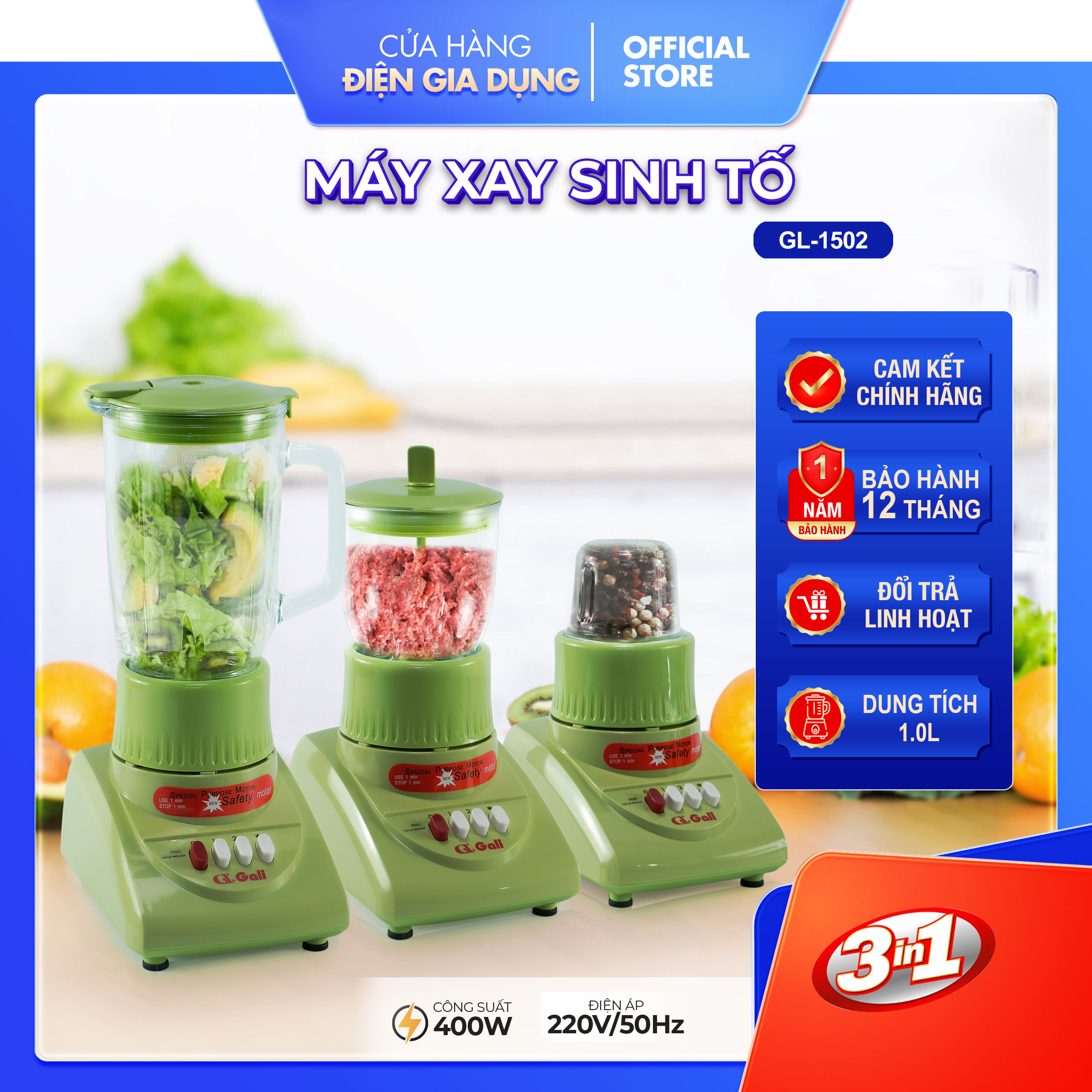 Máy sinh tố đa năng Gali 3in1 xay rau củ quả, sữa hạt, hành tiêu tỏi ớt công suất 400w motor dây đồng, 3 ly xay thủy tinh, 3 đế xay riêng biệt bảo hành 12 tháng chính hãng Alate store