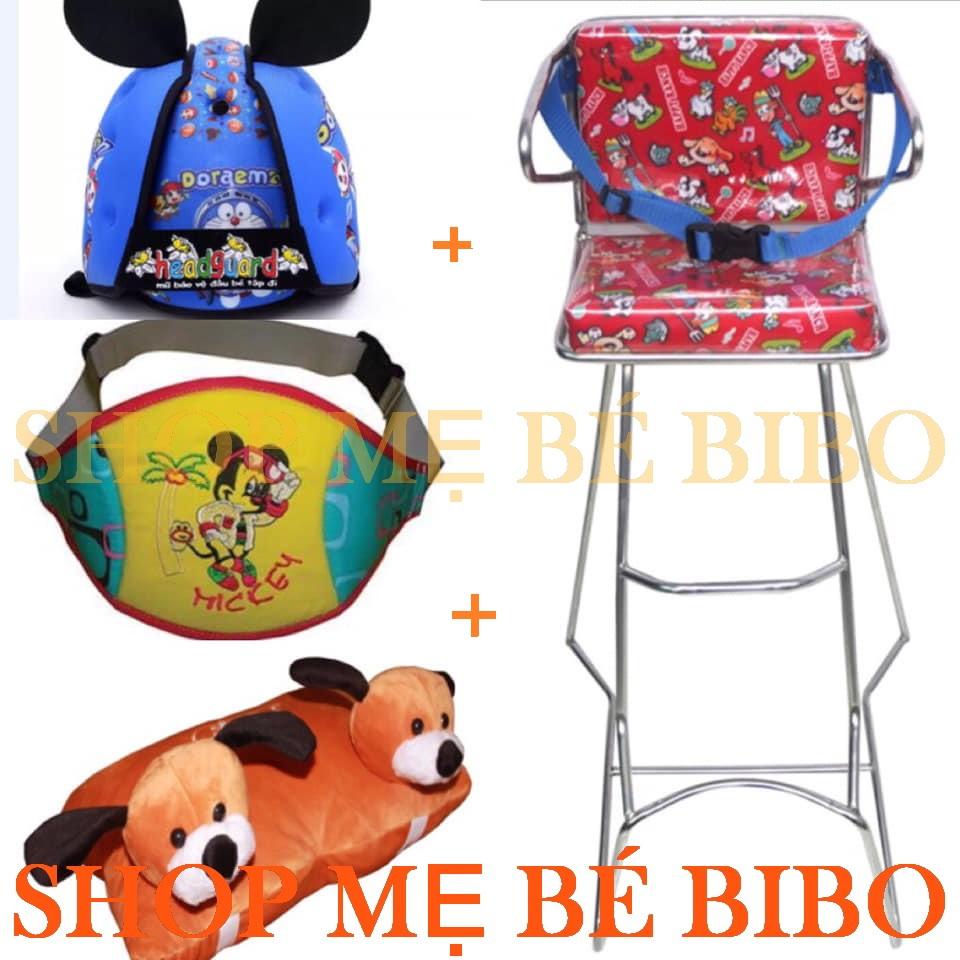 Combo 4 món ghế và đai và gối và nón, ghế ngồi xe máy cho bé cho các loại xe tay ga ghế đi xe máy inox dựa không vòng
