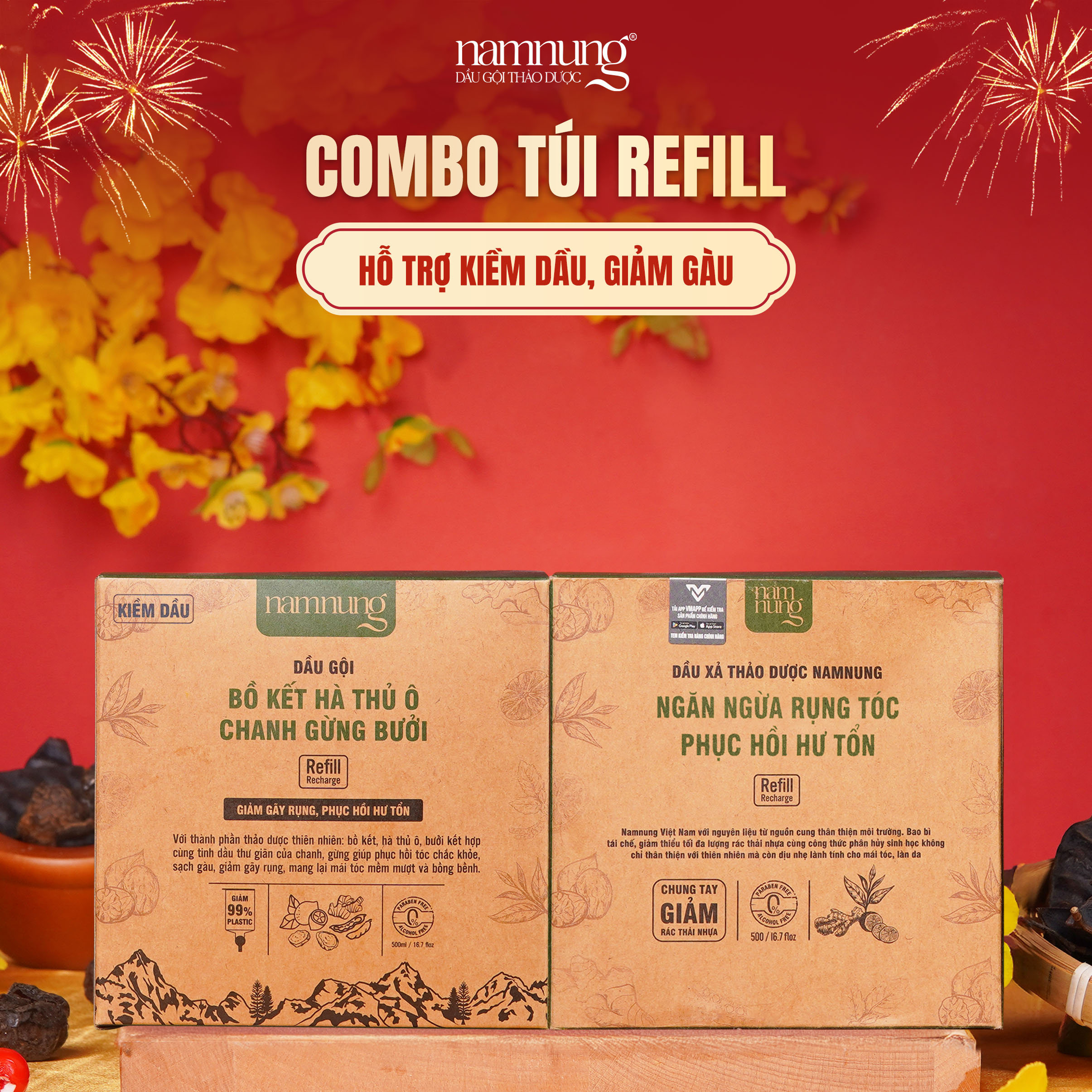  Túi refill dầu gội và dầu xả thảo dược NAM NUNG bản kiềm dầu 500ml - Giảm bết tóc ngăn ngừa gàu giảm gãy rụng phục hồi hư tổn 