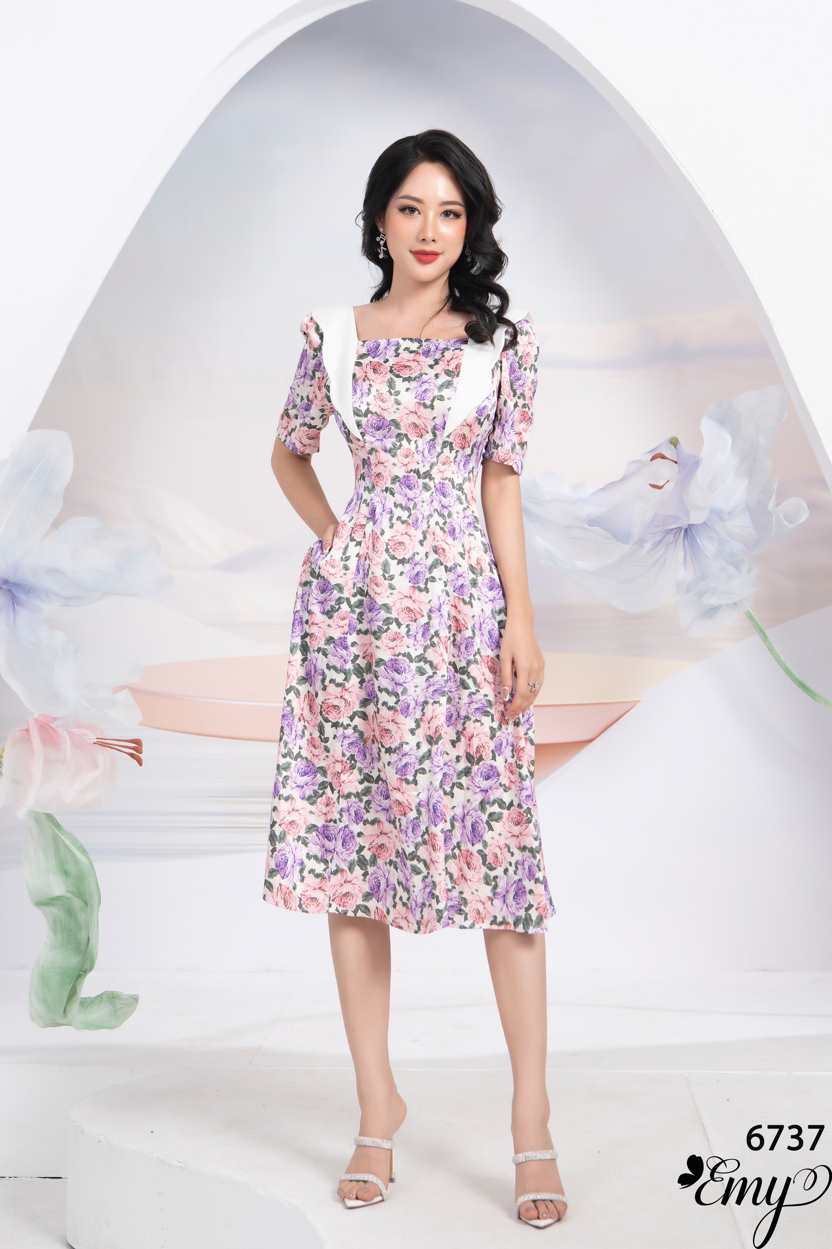 Đầm emy em6737 xoè cổ vuông phối