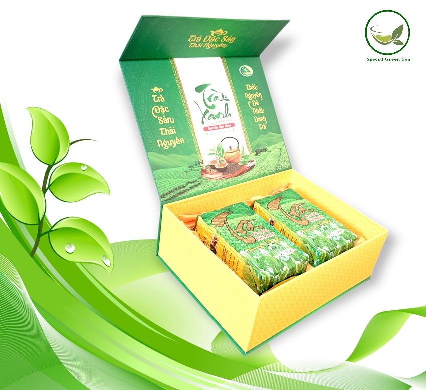 Quà tặng - trà thái nguyên tân cương hộp 400 gr màu xanh, loại đặc biệt thơm ngon nước xanh – thiên hương trà