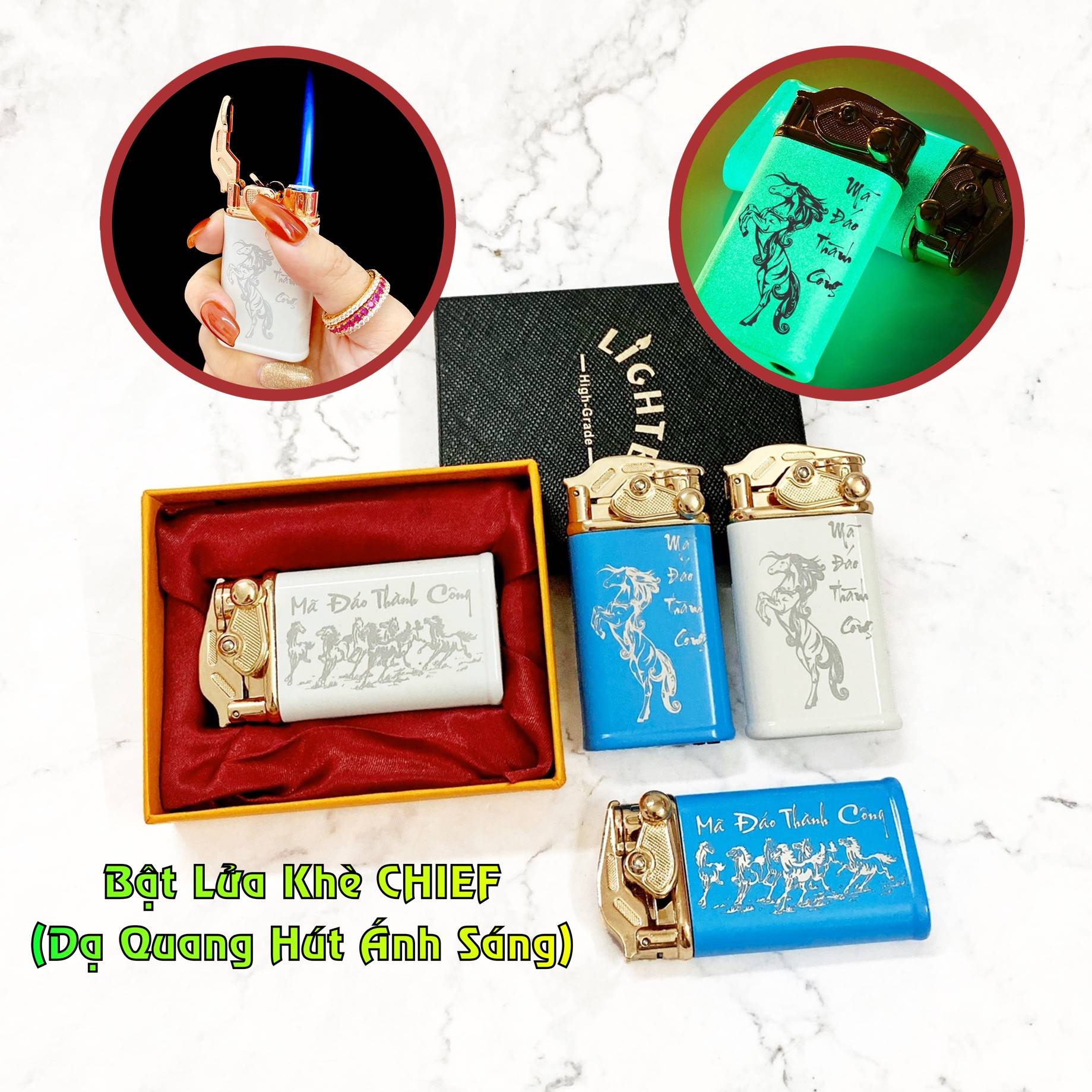 Bật lửa khè chief búng tay - dạ quang hút ánh sáng hình mã đáo thành công -