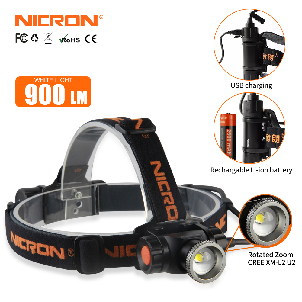 Đèn Pha LED NICRON, Đèn LED Tập Trung Độ Sáng Siêu Cao H30F 9W Đèn Pin Sạc Lại Có Thể Thu Phóng Đèn Pha IPX8 900LM Chống Nước Cầm Tay Đèn Pin USB H30F