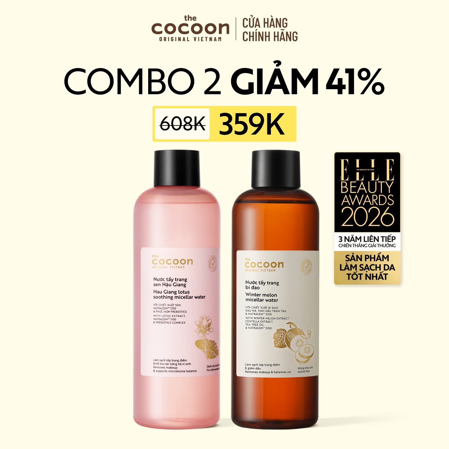 COMBO 1 Bigsize Nước tẩy trang Sen 500ml + 1 Bigsize Nước tẩy trang bí đao Cocoon 500ml