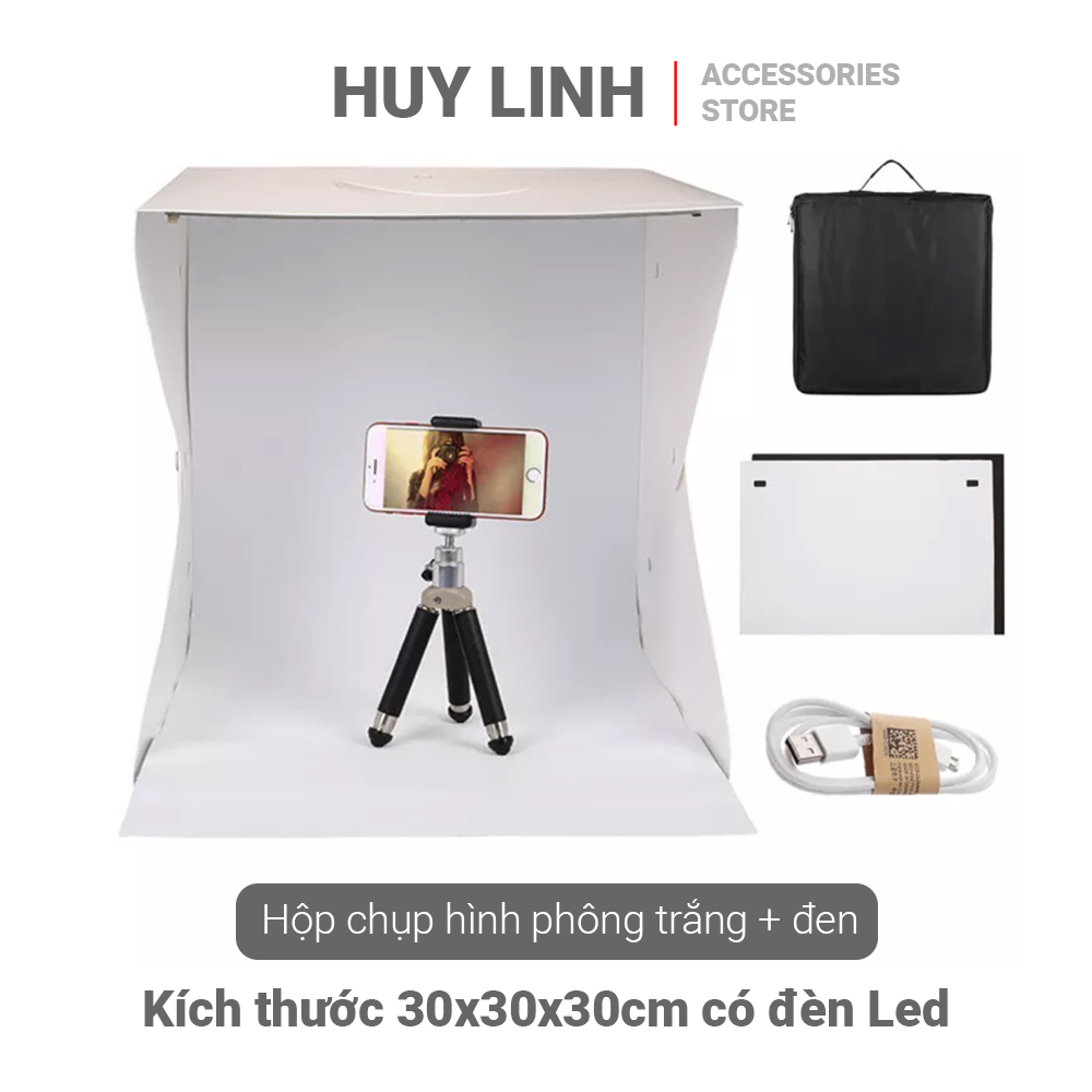 Hộp chụp hình sản phẩm có đèn Led sẵn 2 phông đen trắng - Kích thướt 30x30x30cm