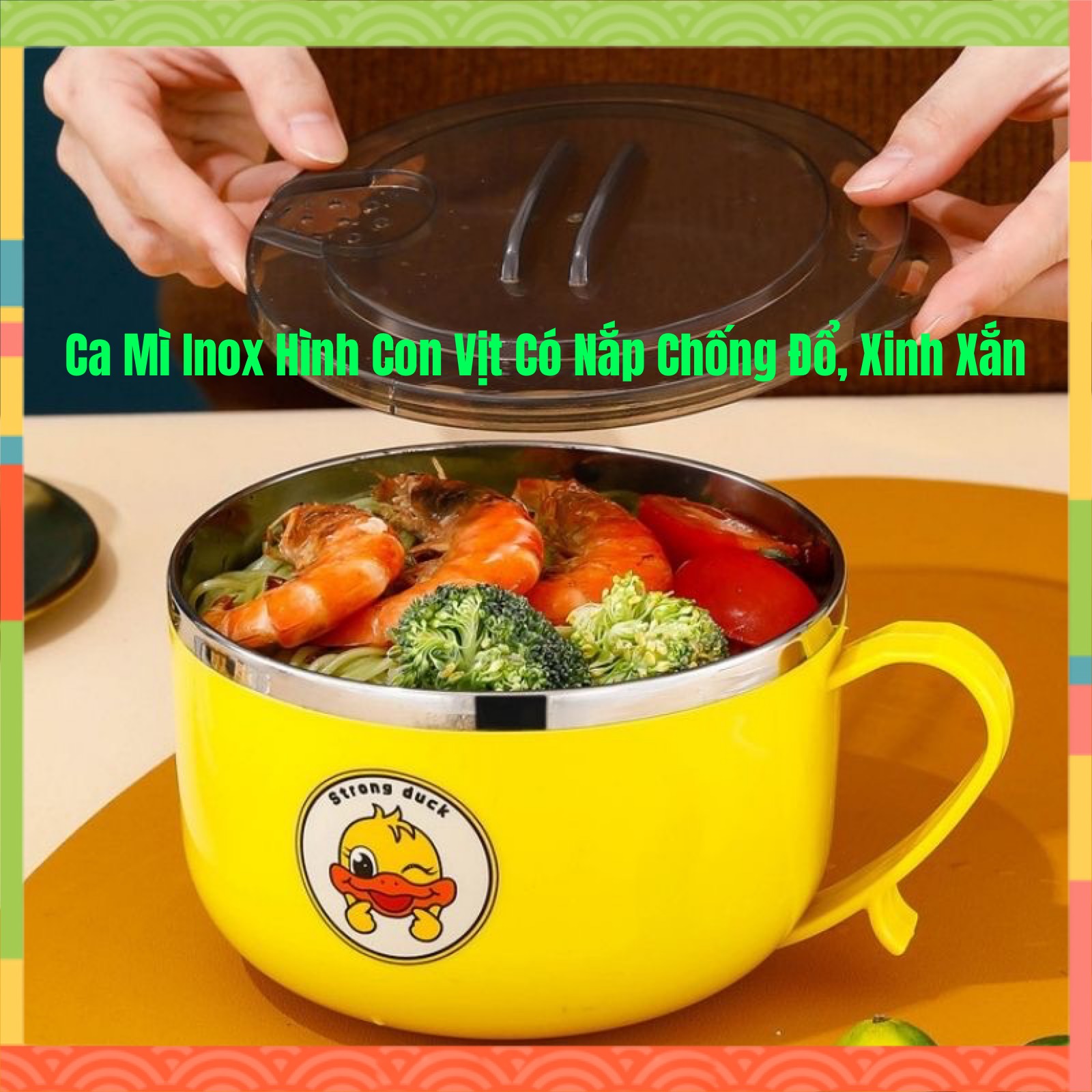 Ca ăn mì inox có nắp đậy chống đổ con vịt vàng - huy kiet store