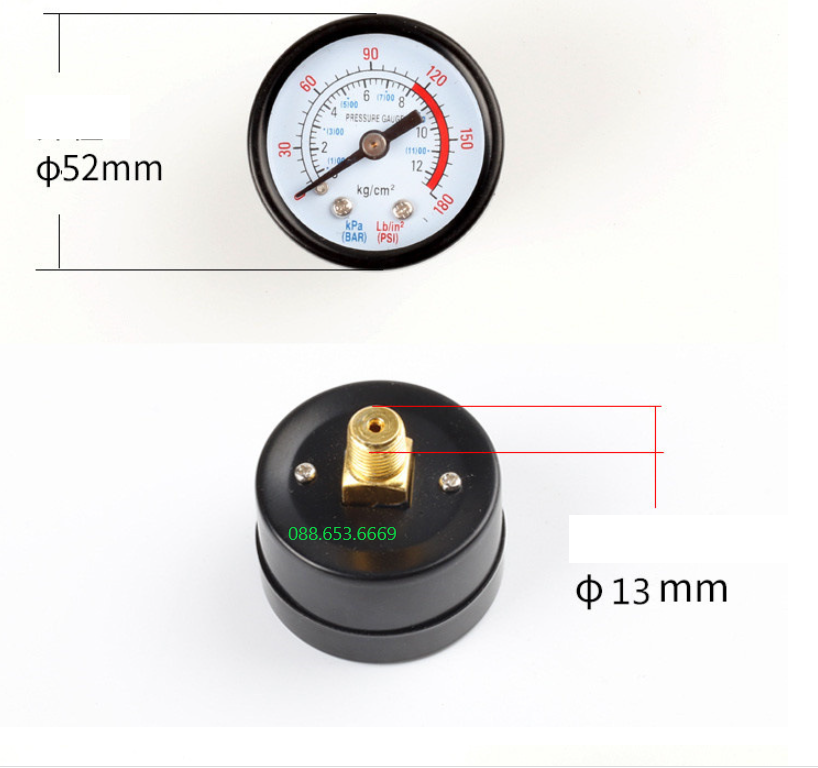 Đồng hồ áp suất khí nén 8kg chân ren 13mm và 9mm