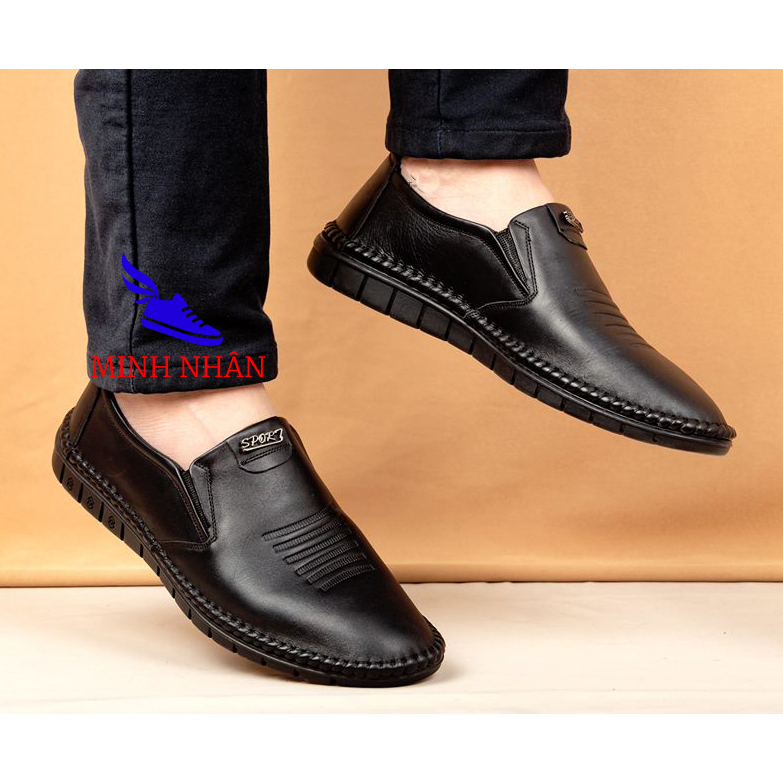 Minh Nhân - Giày lười nam da bò mềm mại Giày công sở nam Giày nam cho lái xe ô tô Giày slip on nam da bò đế bệt Giày 3 vạch đẹp độc đáo Giày phù hợp phối với quần Jean quần baggy quần jogger nam hàng hiệu thời trang giá rẻ S-15 đen