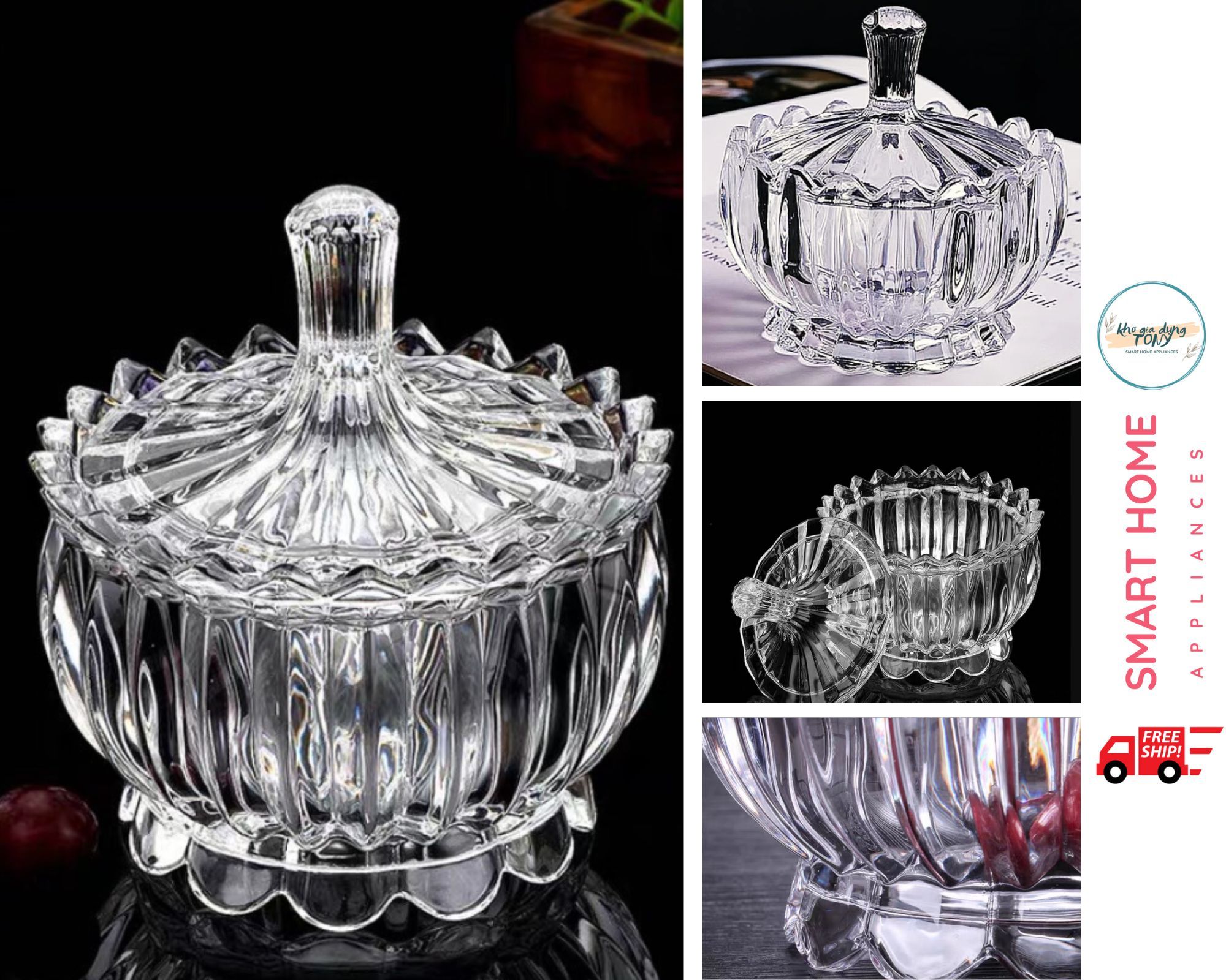 Thố thuỷ tinh đựng hạt dưa, đựng mứt tết có nắp đậy, hủ thuỷ tinh pha lê deli mã 2030 pha lê cao cấp loại 1 sáng bóng