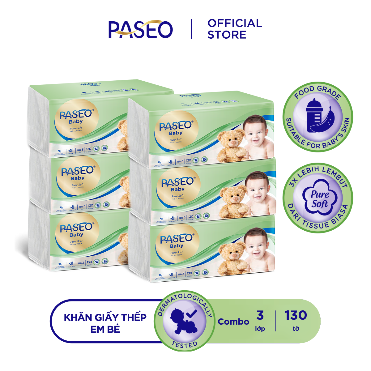 Combo 6 gói khăn giấy rút cao cấp Paseo baby siêu mềm mịn an toàn cho em bé /gói