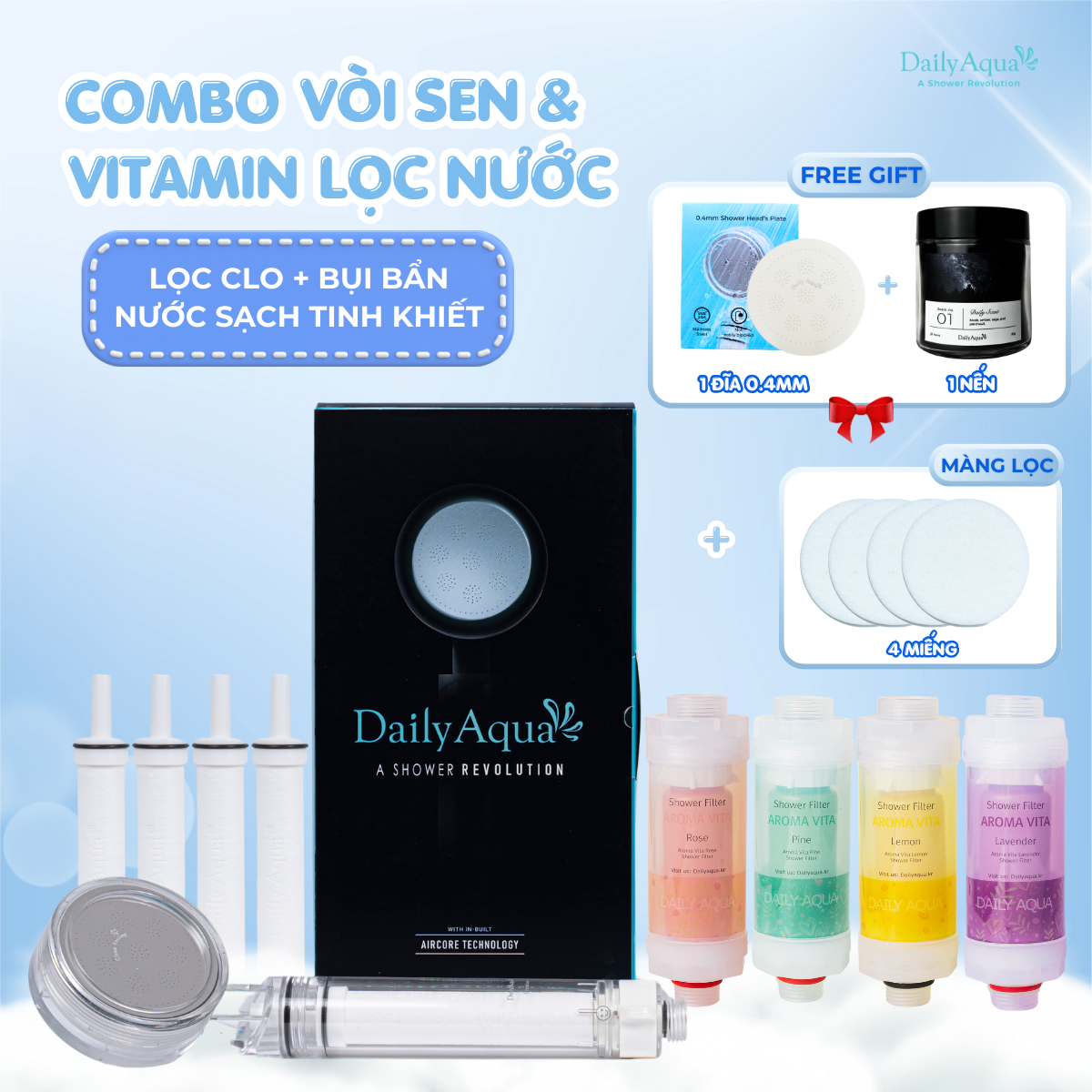 Trọn bộ sản phẩm lọc nước tắm daily aqua - vòi sen lọc vi khuẩn, tạp chất, vitamin lọc nước, khử clo