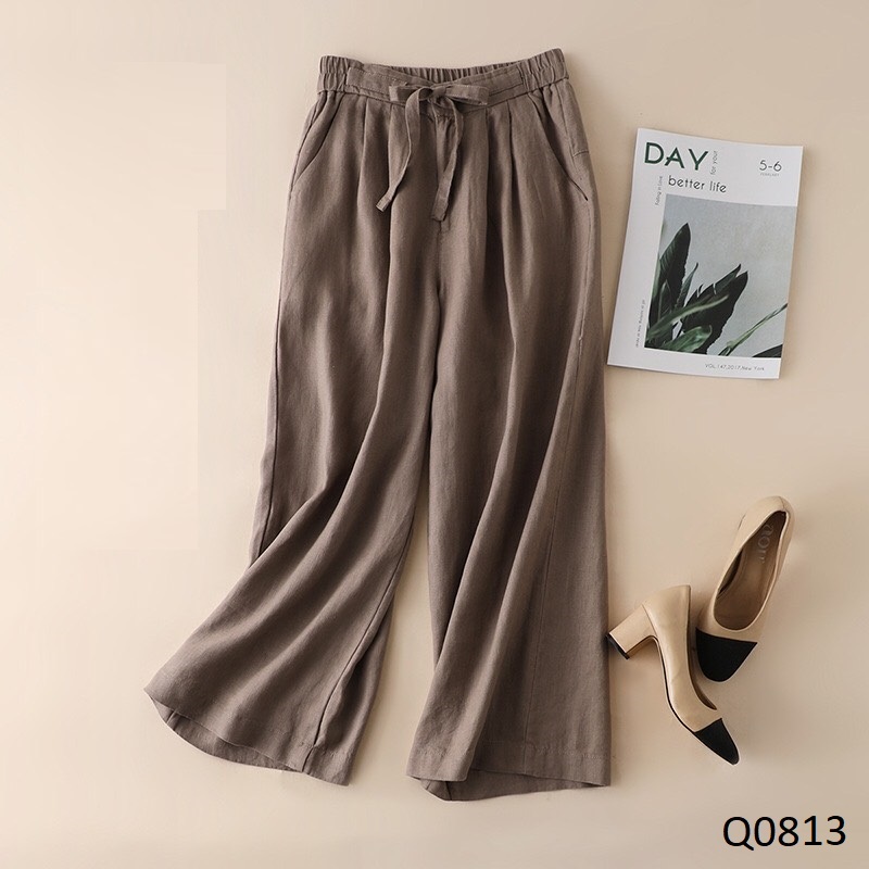 Q0813-quần linen ống rộng lưng cao