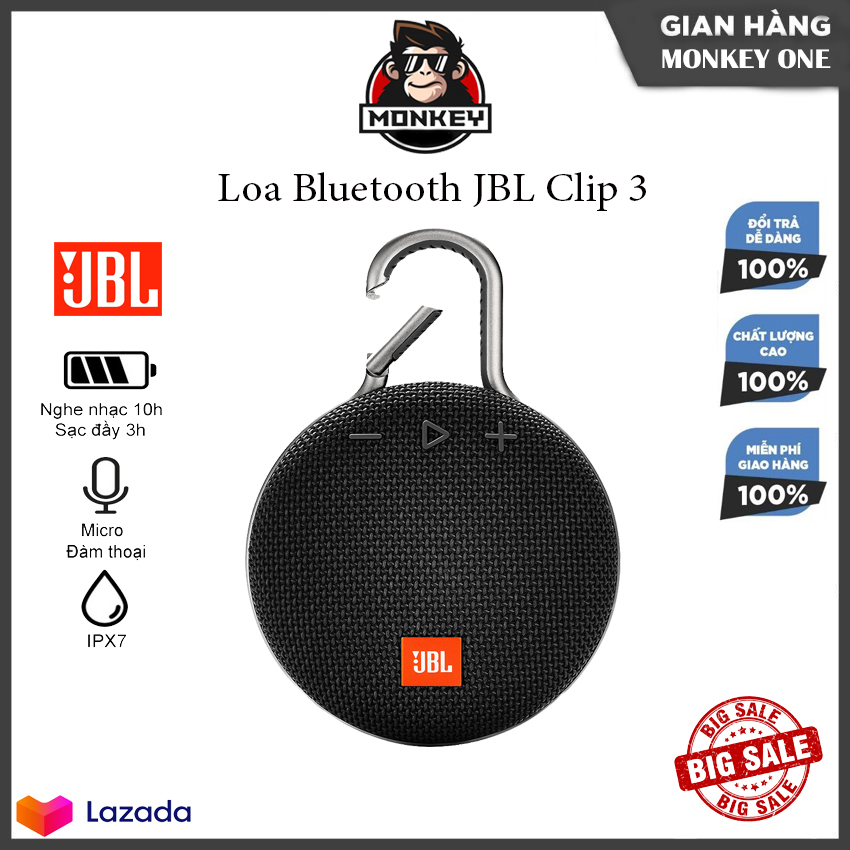 Loa bluetooth bass mạnh, loa bluetooth jbl clip 3 chính hãng, loa nghe nhạc không dây, công suất 3.3w, pin 10h sử dụng, chuẩn kháng nước ipx7, tích hợp mic đàm thoại, loa jbl chính hãnh dùng áp jbl, loa du lịch có móc khóa