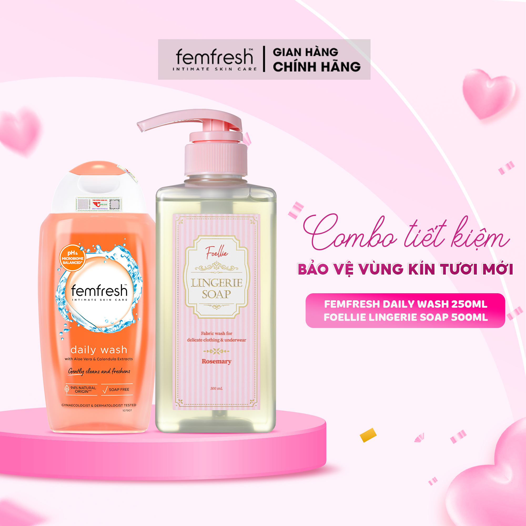 Combo chăm sóc vùng kín phòng ngừa các vấn đề vùng kín: Dung dịch vệ sinh Femfresh 250ml và Nước giặt đồ lót Foellie 500ml