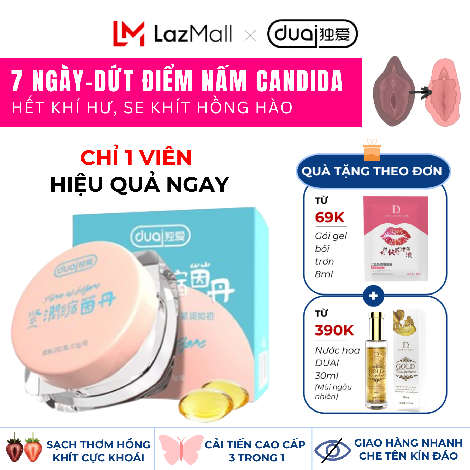 Viên Đặt Se Khít  Kháng Khuẩn Hết Khô Hết Ngứa dứt điểm Phụ Khoa DUAI Bảo Dưỡng Vùng Kín Săn Chắc Tăng Ham Muốn Và Trẻ Hóa Vùng Kín Nhanh Chóng