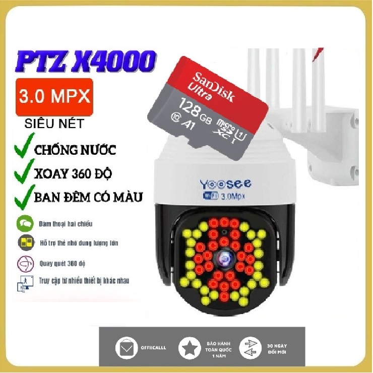 Camera yoosee ip wifi ptz x4000 48 led 3.0mpx xem đêm có màu , hỗ trợ loa + mic đàm thoại 2 chiều , camera ngoài trời xoay 350 độ , camera an ninh , camera giám sát , camera mini, camera zoom