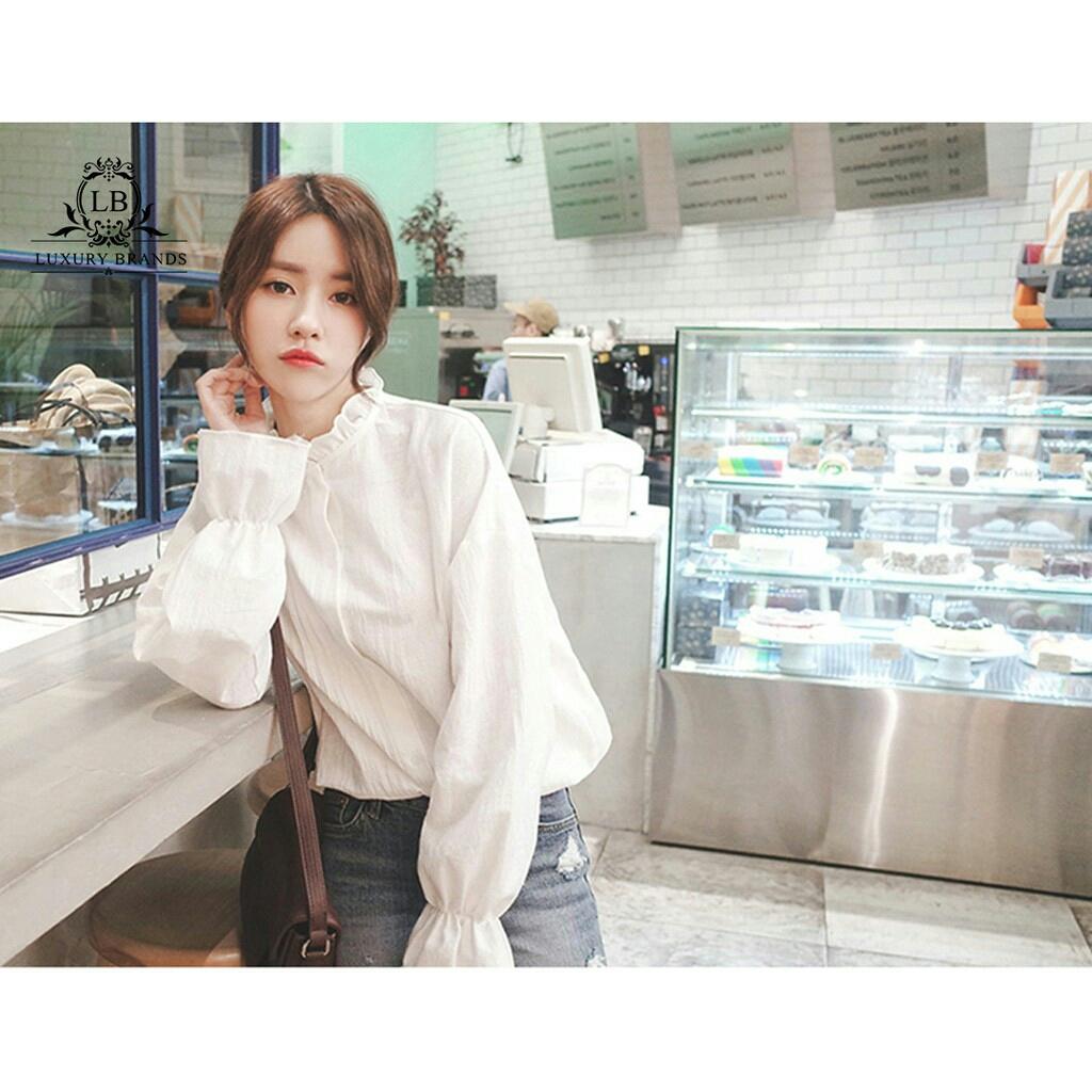 Áo dài tay sơmi áo kiểu babydoll cổ nhún bèo tay bó chun xòe bèo thời trang tiểu thư ulzaang Hàn Quốc