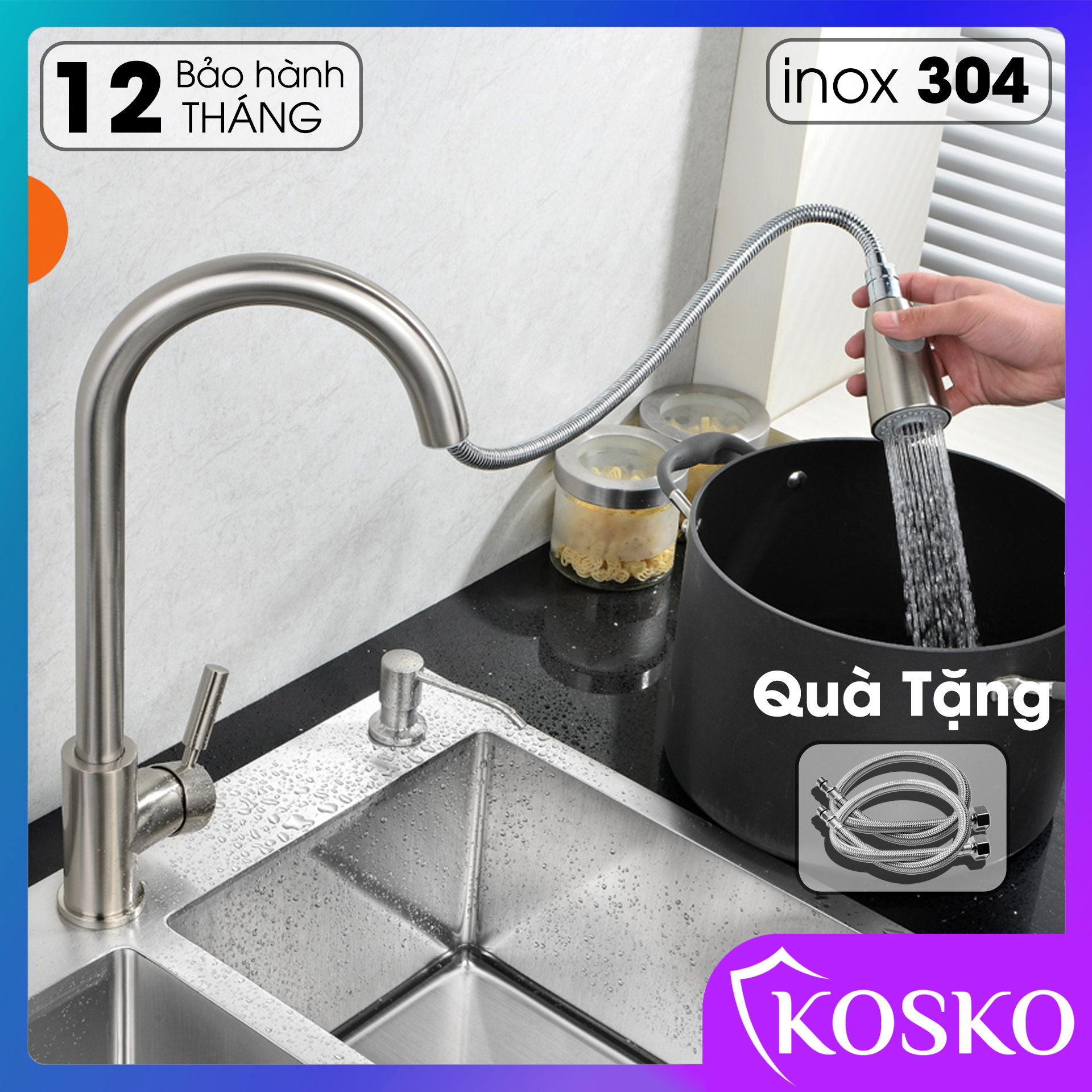 Vòi rửa chén inox 304 nóng lạnh Vòi rửa bát rút đa năng  - xoay 360 độ - tăng áp cao cấp (Bảo hành 12 tháng – 1 đổi 1 trong 7 ngày) Không cần gọi thợ lắp đặt