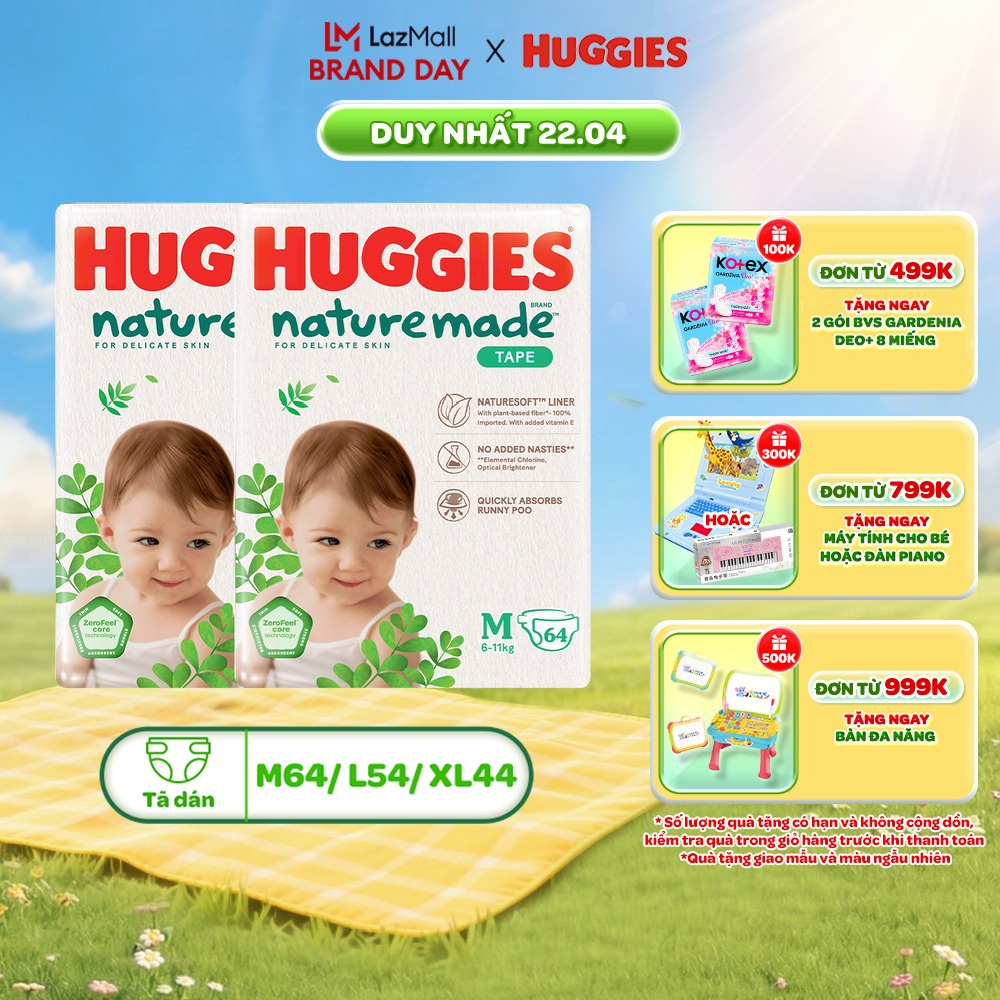 Combo 2 Tã/Bỉm dán Huggies NatureMade M64/L54/XL44