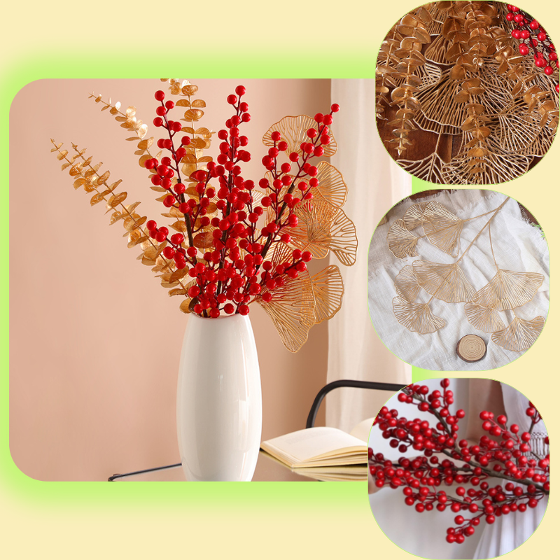 Cành đào đông đỏ, cành tai chuột cành khuynh diệp vàng trang trí