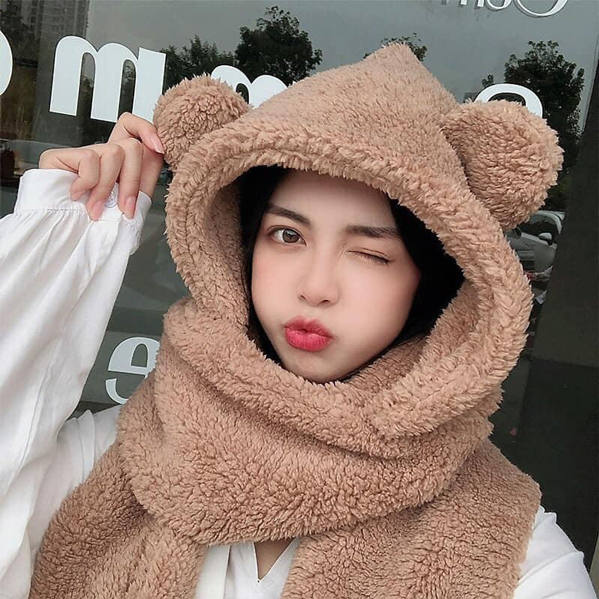 Mũ lông cừu tai gấu cho nữ kèm khăn quàng cổ có găng tay cực cute