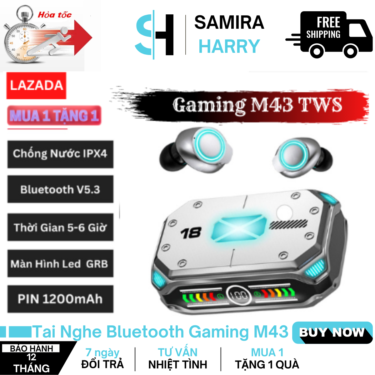 Tai Nghe Không Dây Gaming M43 , Tai Nghe Bluetooth Gaming M43 , M10 M19 M88 M25 M90 CVC8.0 Điều Khiển Cảm Ứng , Bluetooth 5.3, Chống Nước IPX4 , Màn Hình Led GRB , Âm Thanh HiFi , Hỗ Trợ Android & IOS .