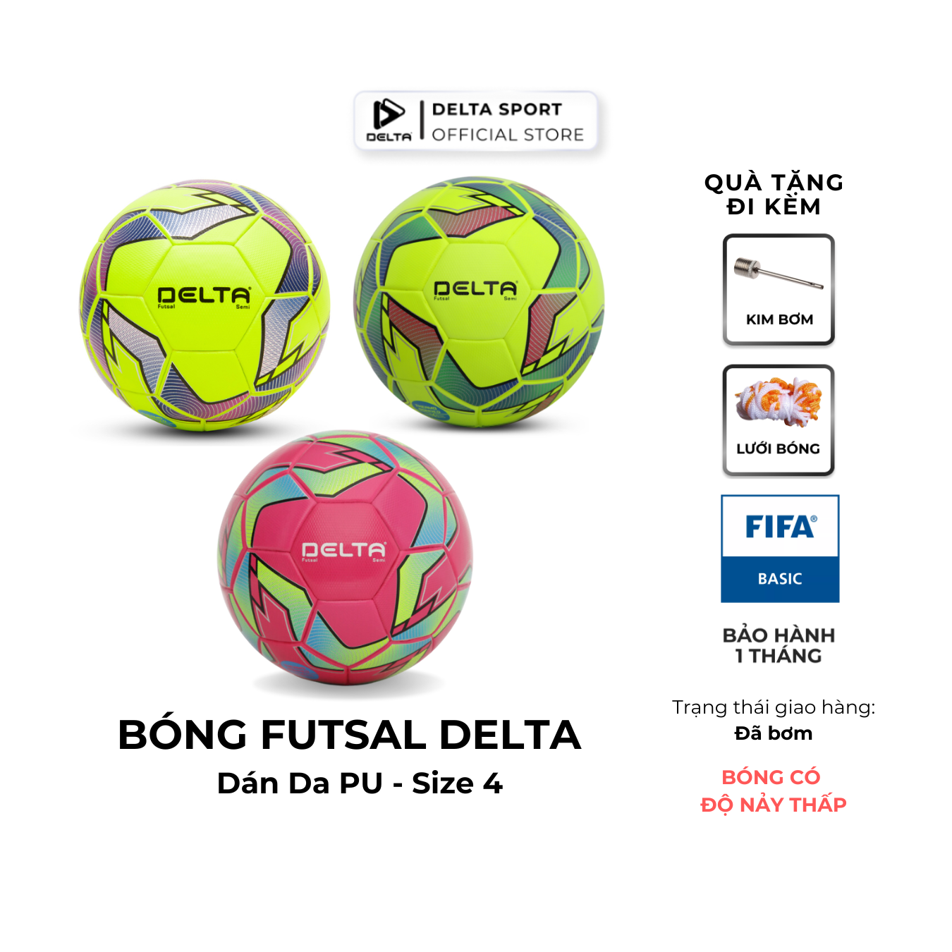 Bóng đá futsal DELTA 4D Semi F4 size 4 da PU tổng hợp, chơi trên sân cỏ nhân tạo hoặc trong nhà phù hợp từ 12 tuổi.