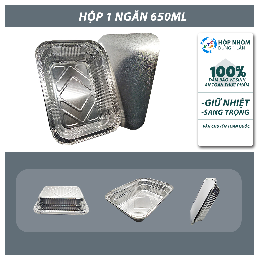 "Cao cấp" set 10 hộp nhôm thực phẩm 1 ngăn 650 ml (khay giấy bạc có nắp ) dùng 1 lần, chứng nhận VS ATTP
