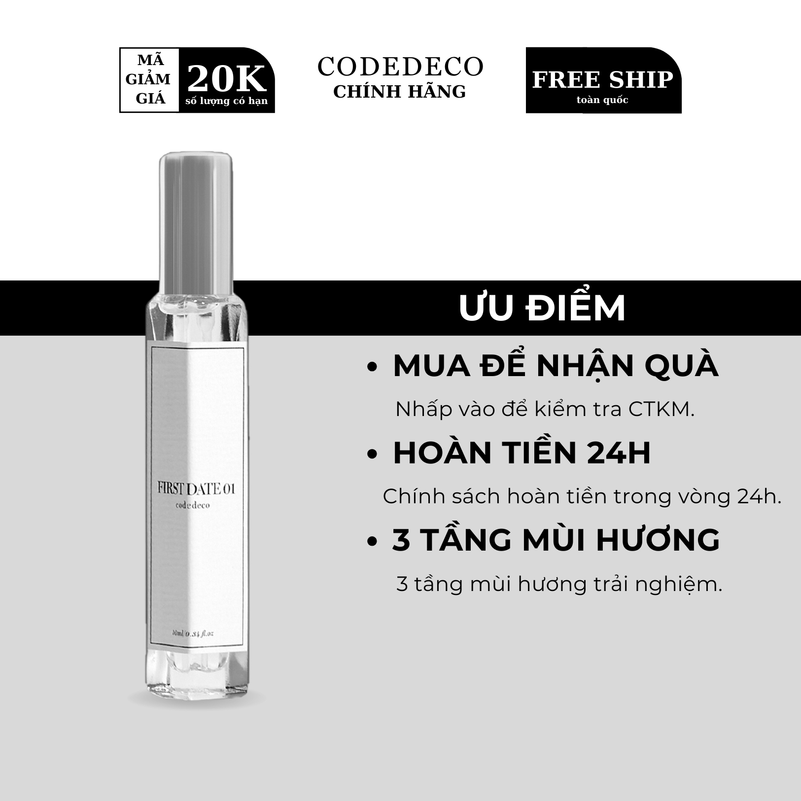 Tinh dầu nước hoa codedeco first date 01 10ml - dạng xịt