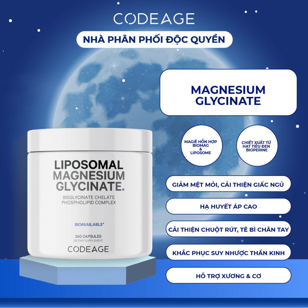 Viên uống phục hồi chức năng cơ bắp Codeage - Liposomal Magnesium Glycinate 240 viên - Tăng năng lượng