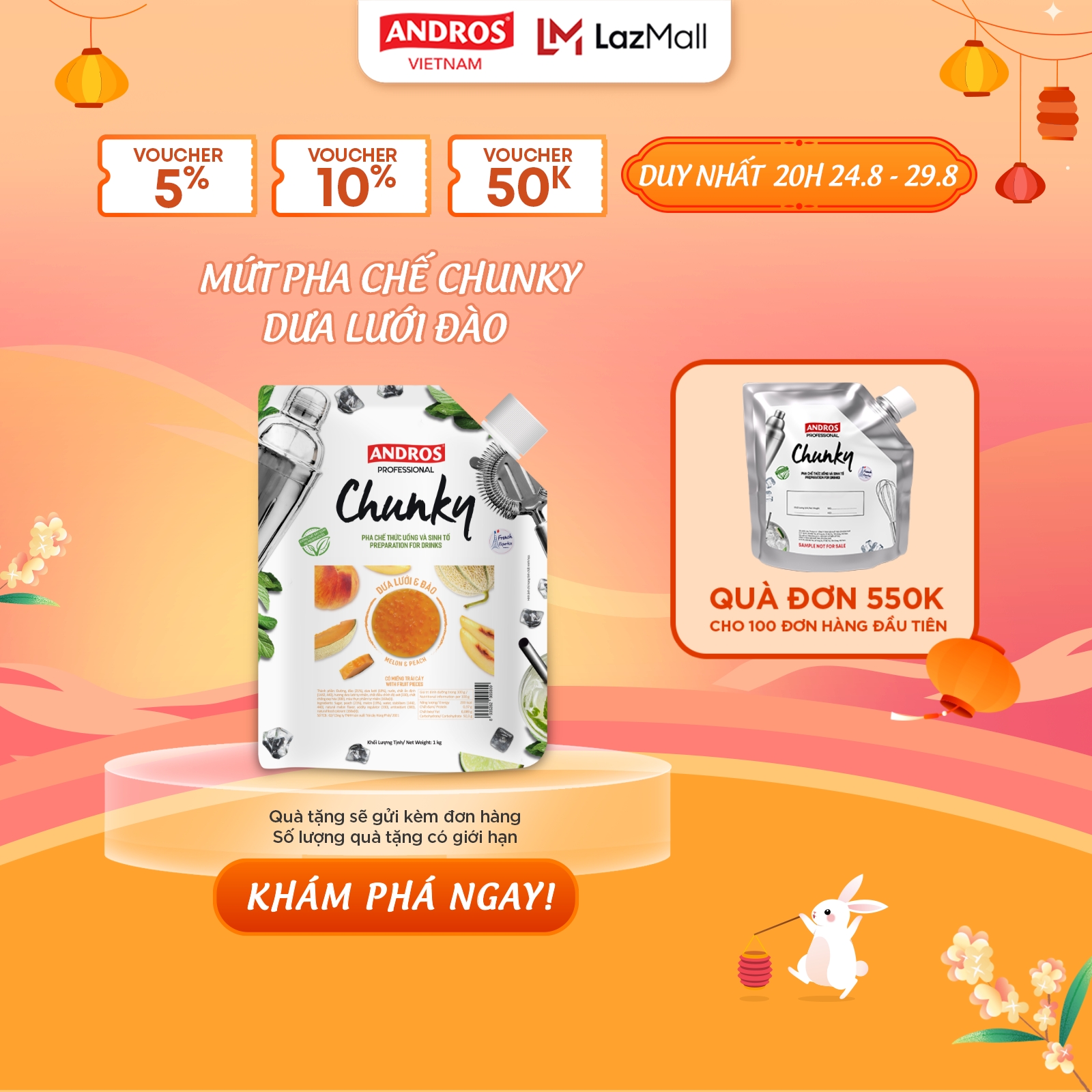 Mứt trái cây pha chế dưa lưới & đào - có miếng trái cây thật - nguyên liệu pha chế - andros chunky - 1kg