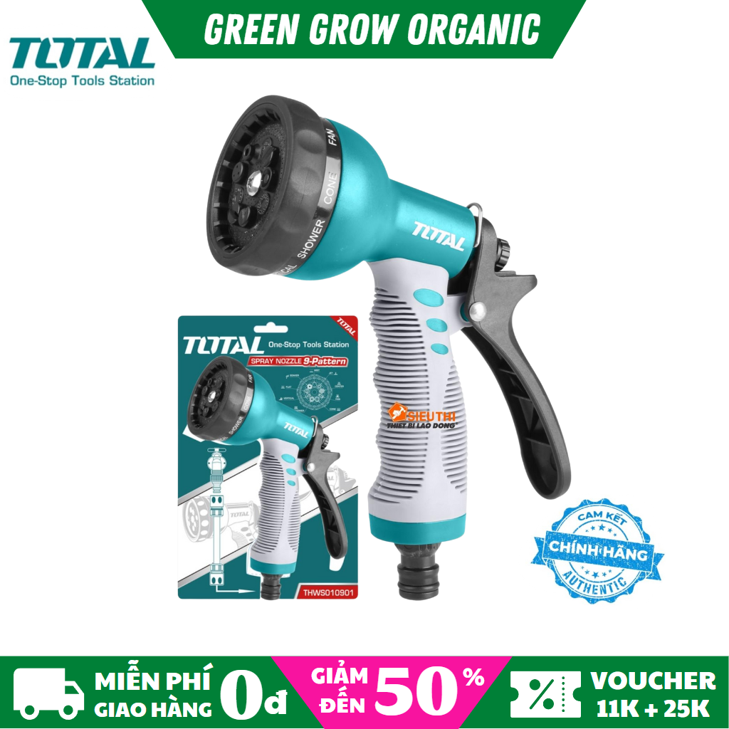 Đầu phun nước tăng áp Total THWS010901, vòi xịt nước nhiều chế độ mạnh mẽ giúp chăm sóc cây trồng Green Grow Organic