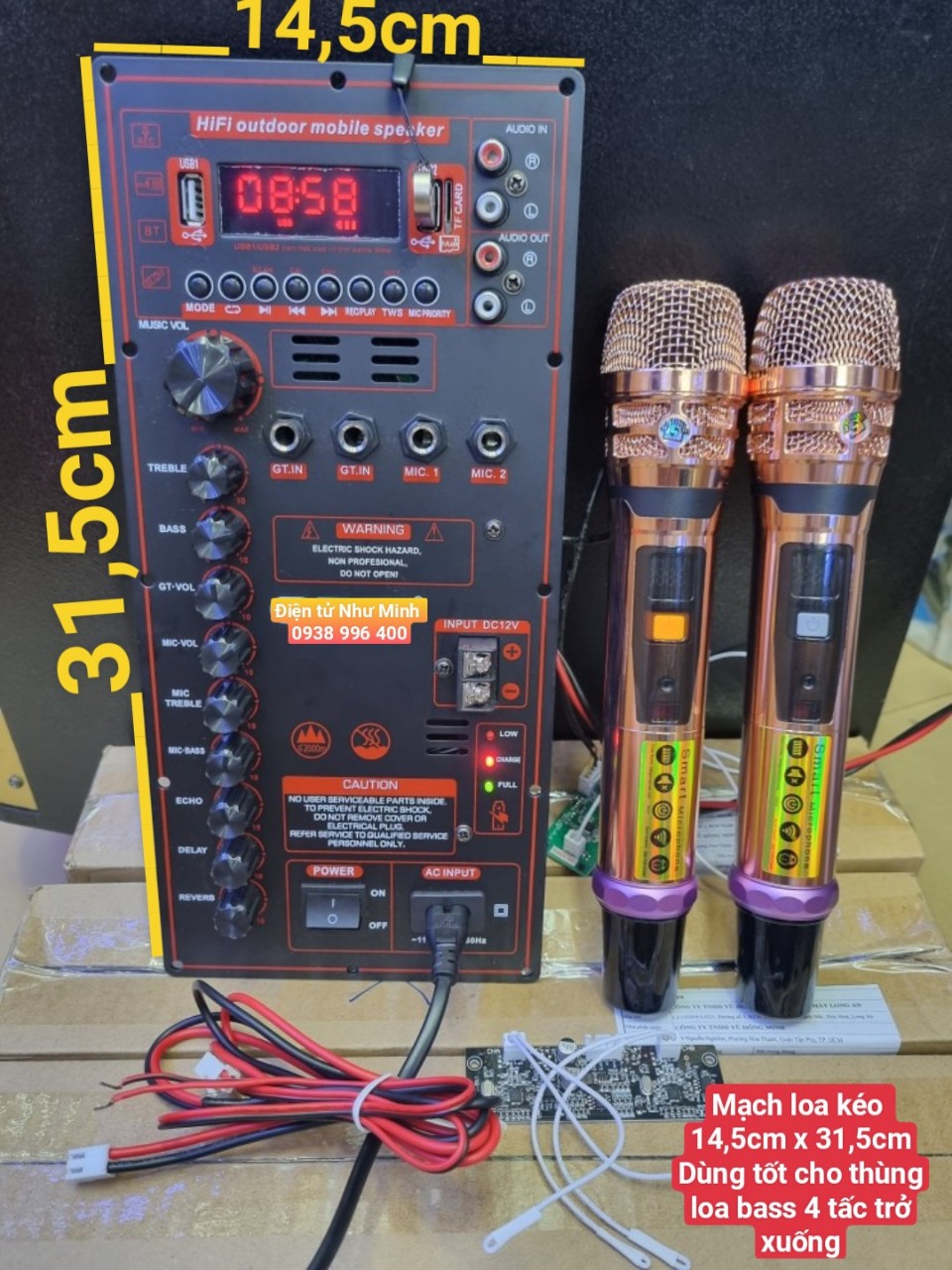 Bo mạch loa kéo kích thước 14,5 X 31,5 âm thanh tốt Bass treble sạch sẽ, uy lực thay thế cho mạch loa hư hoặc dùng để nâng cấp hoặc rấp mới