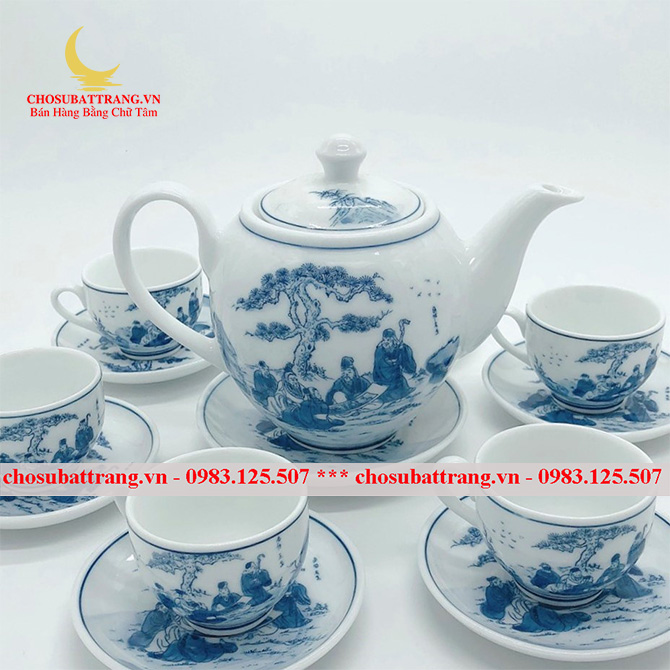 Bộ ấm chén sứ men trắng trong vẽ đẹp - hàng bát tràng