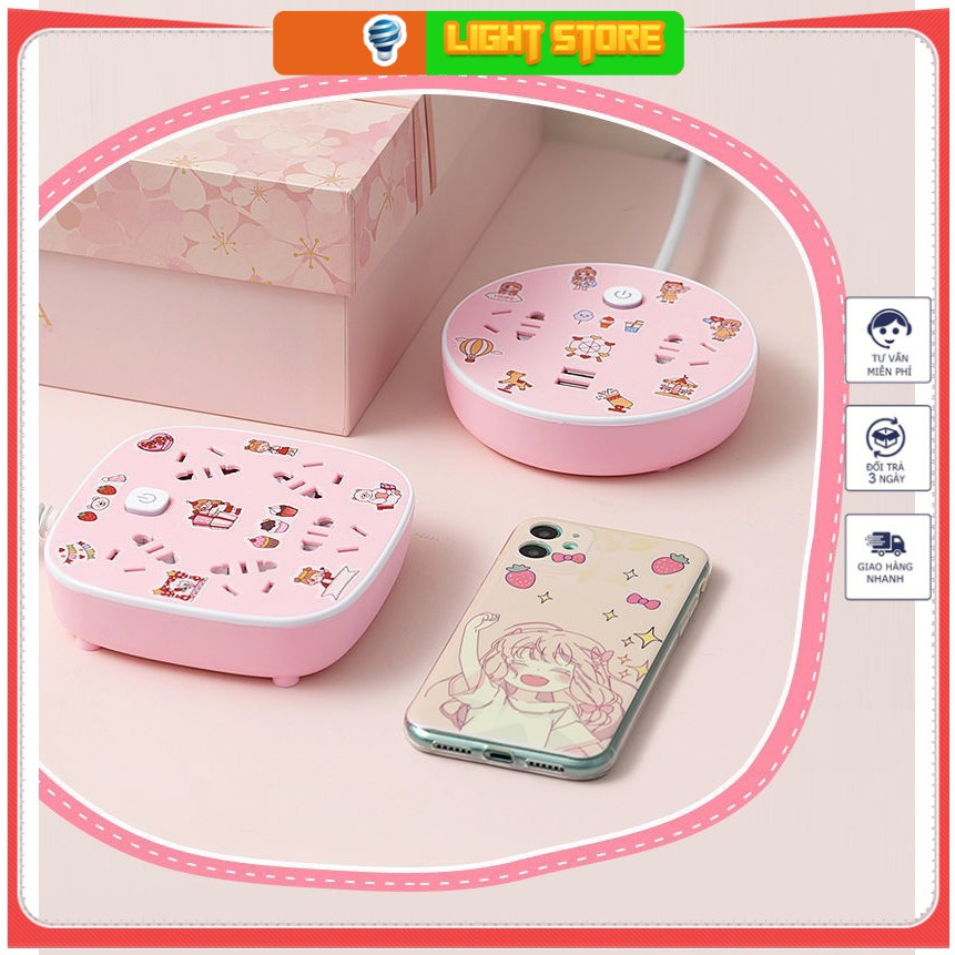Ổ Cắm Điện Đa Năng FREESHIPỔ Cắm Điện Mini - Màu Hồng Dễ Thương, Dán Tường Tiện Lợi, Có 2 Cổng USB, Dây Dài 2.8m OD319