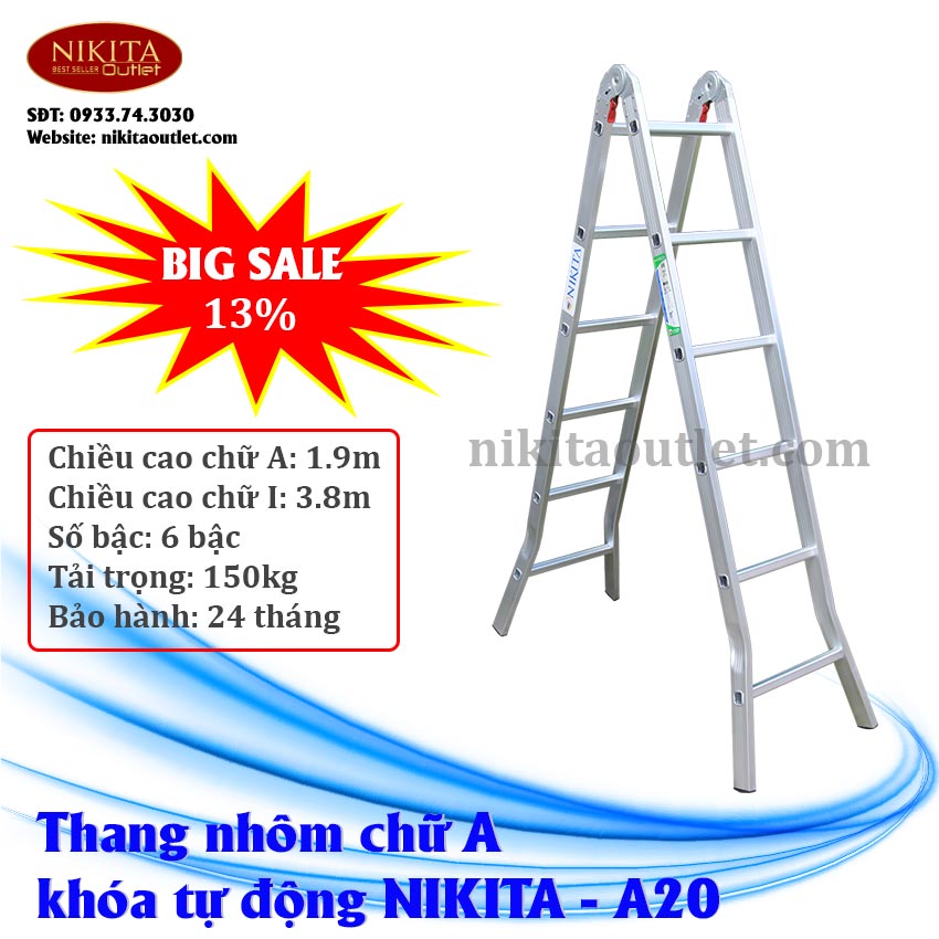 [HCM]Thang nhôm chữ A đa năng khóa tự động NIKITA-A20 (chữ A: 1.9m - chữ I: 3.8m) [ Siêu bền ] - Tiêu chuẩn an toàn Châu Âu EN131. Bảo hành chính hãng 2 năm - NIKITA OUTLET